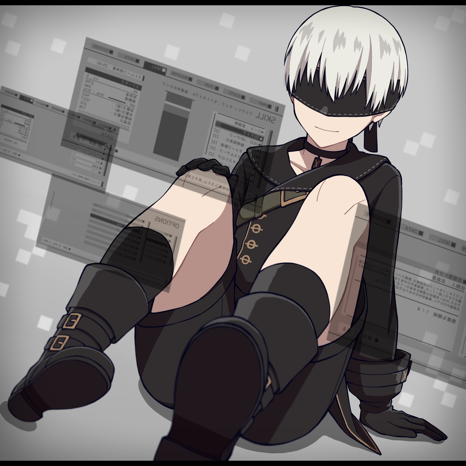 tamakingx422x, 9s (nier:automata), nier:automata, nier (series), commentary request, highres, 1boy, belt boots, black boots, black choker, black gloves, black jacket, black shorts, black socks, blindfold, boots, choker, closed mouth, covered eyes, full body, gameplay mechanics, gloves, grey background, hand on own knee, jacket, knees up, male focus, roman numeral, short hair, shorts, sitting, smile, socks, solo, white hair