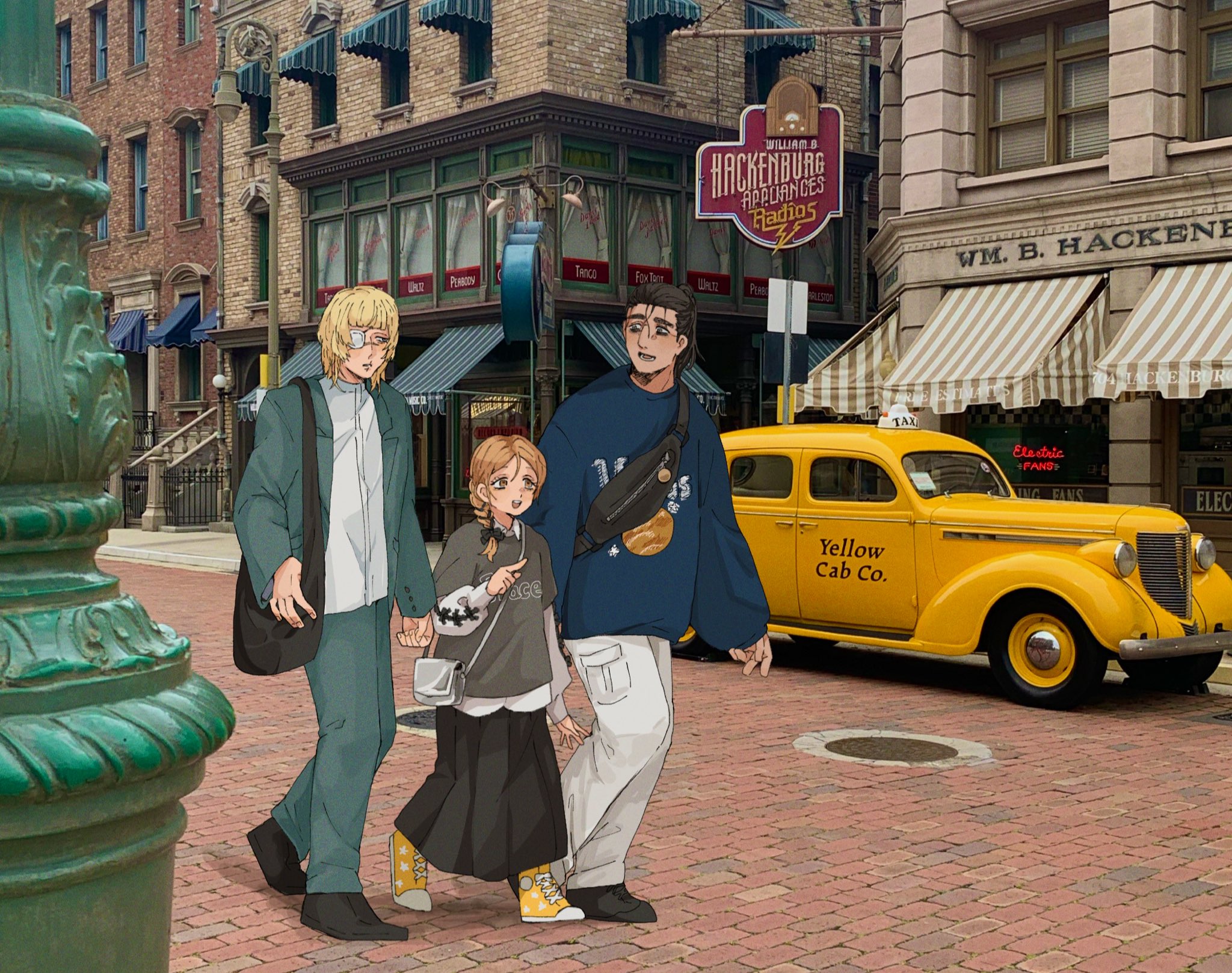 wasadi, chi.: chikyuu no undou ni tsuite, highres, 1girl, 2boys, alternate universe, bag, black bag, black shoes, black skirt, blonde hair, blue jacket, blue pants, blue sweater, braid, brick road, brown hair, cobblestone, contemporary, eyepatch, full body, grey bag, grey shirt, hair bun, hair over shoulder, jacket, long skirt, looking at another, medical eyepatch, medium hair, multiple boys, open mouth, panties, pants, parted lips, photo background, pleated skirt, pointing, ponytail, print shirt, road, scar, scar on face, scar on mouth, shirt, shirt under shirt, shoes, shorts, shoulder bag, single braid, skirt, smile, sneakers, street, sweater, taxi, underwear, walking, white panties, white shirt, yellow shorts