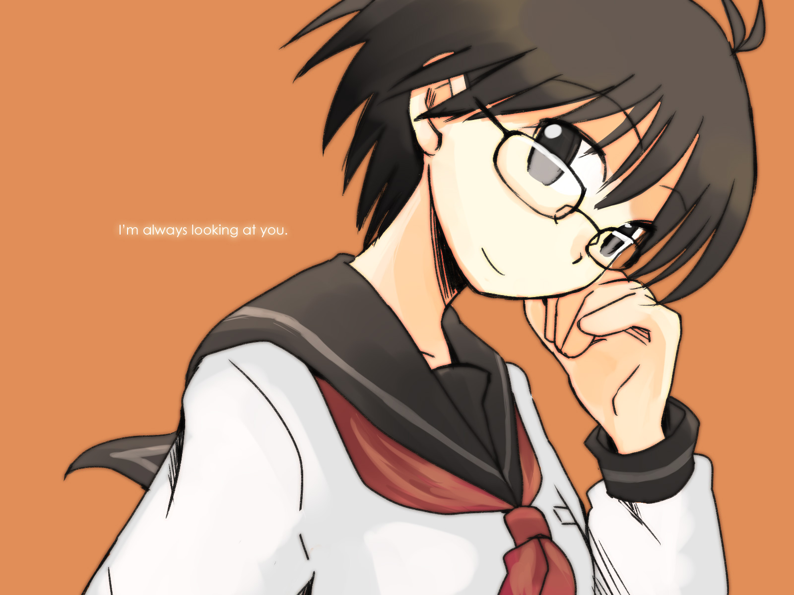 kikuchi makoto, idolmaster, idolmaster (classic), idolmaster 1, highres, non-web source, 00s, antenna hair, brown eyes, brown hair, glasses, school uniform, serafuku, solo