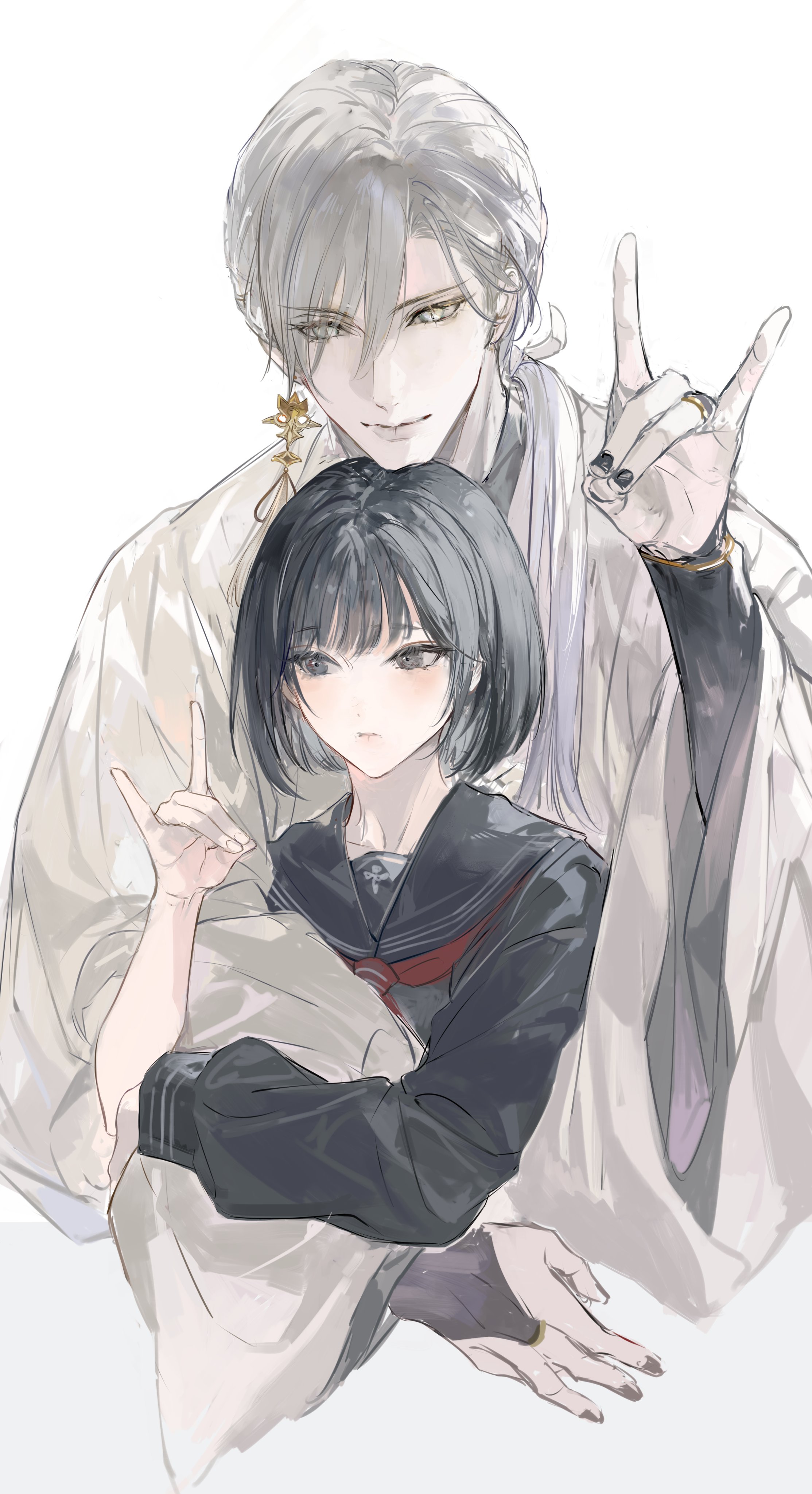 nevakuma (fanfanas), fox mask (silent hill), shimizu hinako, silent hill (series), silent hill f, absurdres, highres, 1boy, 1girl, black hair, black serafuku, japanese clothes, neckerchief, red neckerchief, school uniform, serafuku, white hair