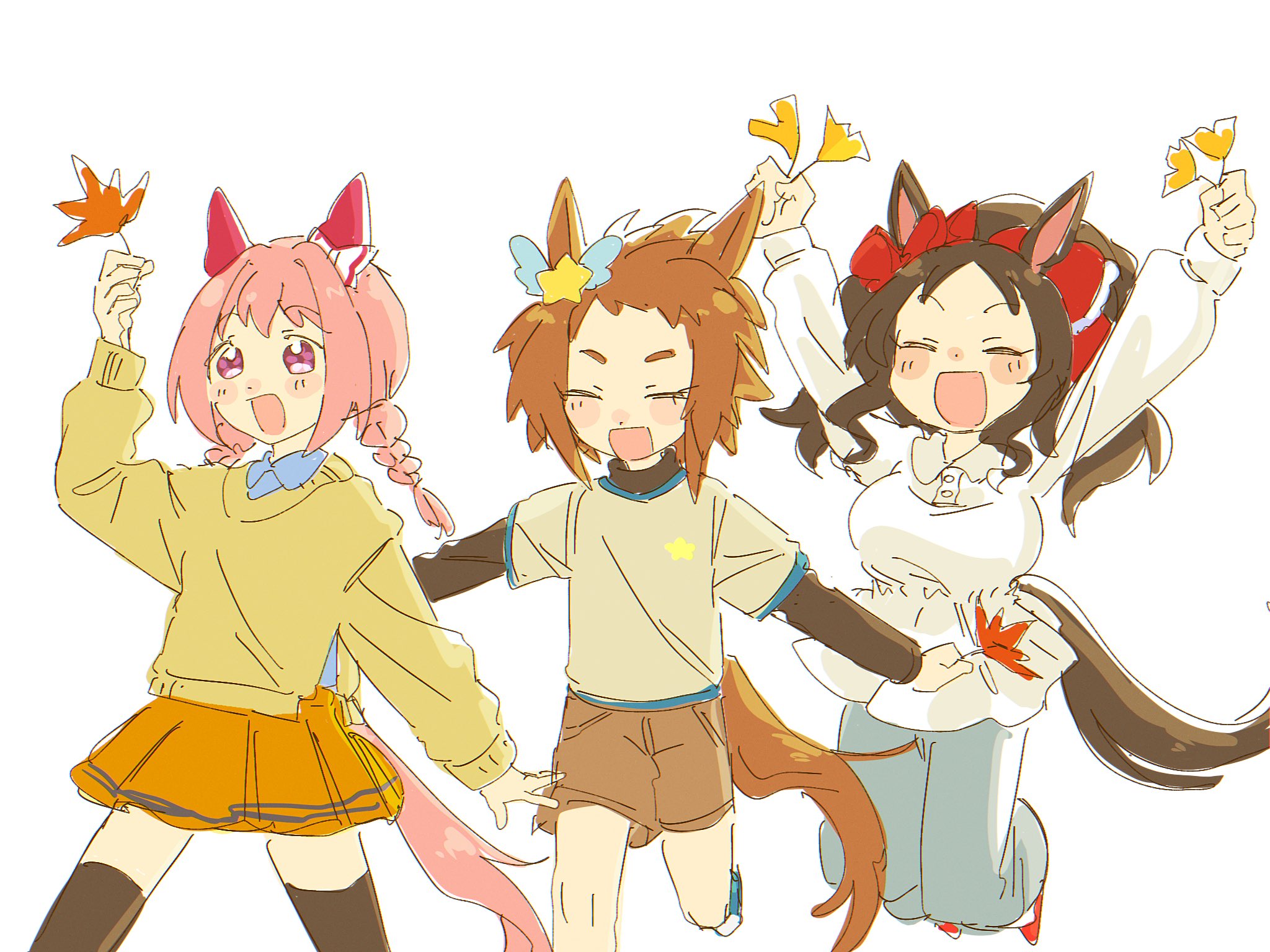 dododocw, biko pegasus (umamusume), haru urara (umamusume), marvelous sunday (umamusume), umamusume, highres, 3girls, animal ears, autumn leaves, black hair, black shirt, black thighhighs, blue pants, blush, bow, braid, breasts, brown hair, brown shorts, closed eyes, ear bow, ear covers, ear ornament, flower-shaped pupils, flower in eye, hair ornament, holding, holding leaf, horse ears, horse girl, horse tail, large breasts, leaf, long hair, long sleeves, multiple girls, open mouth, orange skirt, pants, pink eyes, pink hair, purple eyes, shirt, short hair, shorts, simple background, skirt, smile, star (symbol), sweater, symbol-shaped pupils, symbol in eye, tail, thighhighs, twin braids, undershirt, white background, white shirt, wing ornament, yellow sweater