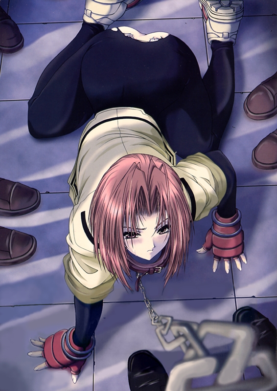 takahama tarou, non-web source, 1girl, all fours, ass, black leggings, chain, chain leash, collar, female focus, fingerless gloves, full body, gloves, leash, leggings, pet play, pink hair, short hair, solo, spandex, torn clothes, viewer holding leash