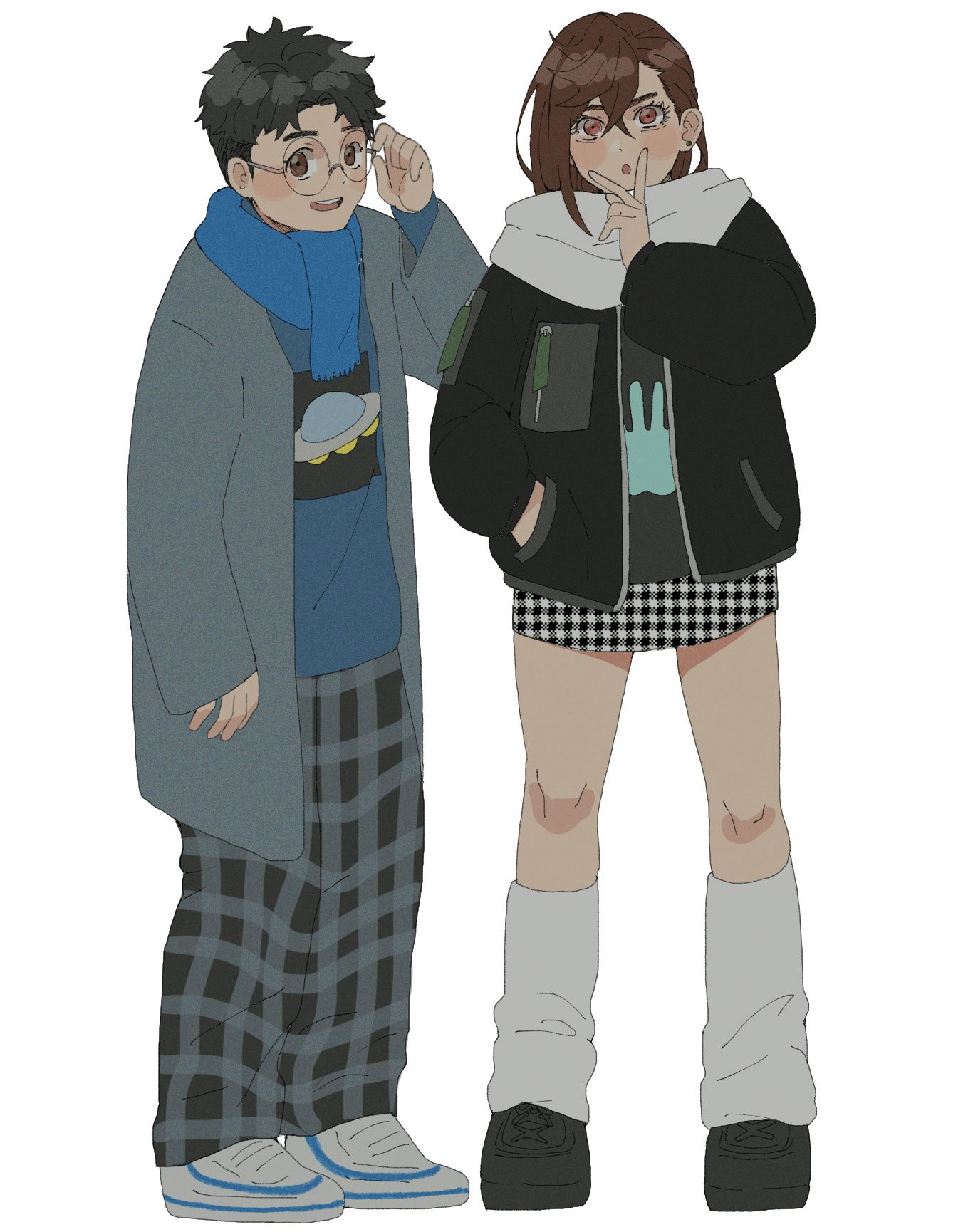 wasadi, ayase momo, takakura ken (dandadan), dandadan, highres, 1boy, 1girl, adjusting eyewear, alien print, alternate costume, black hair, black jacket, black shoes, blue scarf, blue shirt, blush, brown eyes, brown hair, coat, crossed bangs, earrings, full body, glasses, grey coat, hair between eyes, hand in pocket, jacket, jewelry, loose socks, medium hair, miniskirt, open mouth, pants, parted bangs, parted lips, plaid clothes, plaid pants, plaid skirt, print shirt, round eyewear, scarf, shirt, shoes, short hair, skirt, smile, sneakers, socks, standing, stud earrings, white background, white scarf, white shoes, white socks