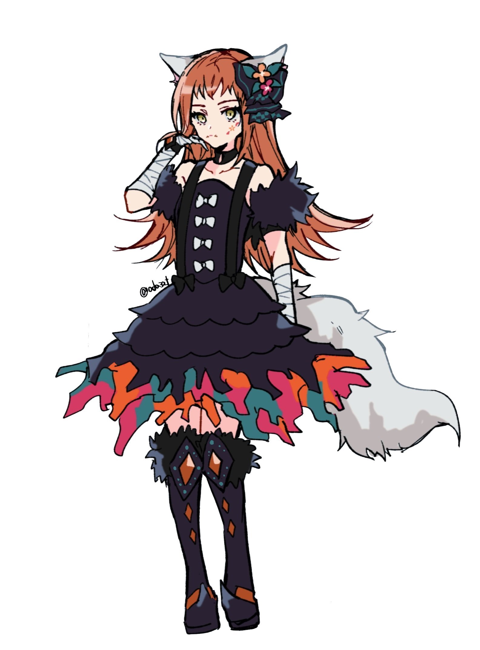 oda32t, panette (fire emblem), fire emblem, fire emblem engage, nintendo, highres, 1girl, animal ears, bandaged arm, bandaged hand, bandages, black boots, black choker, black dress, boots, choker, closed mouth, dress, ear ornament, facial mark, fur sleeves, hair ornament, knee boots, long hair, looking at viewer, orange hair, short bangs, simple background, solo, star (symbol), stitched mouth, stitches, tail, white background, yellow eyes