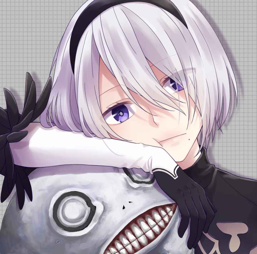 tamakingx422x, 2b (nier:automata), emil (nier), nier:automata, nier (series), commentary request, 1boy, 1girl, arm rest, black dress, black gloves, black hairband, closed mouth, dress, elbow gloves, eyes visible through hair, gloves, grey background, grid background, hair between eyes, hair over one eye, hairband, long hair, looking at viewer, mole, mole under mouth, portrait, purple eyes, short hair, teeth, two-tone gloves, white gloves, white hair