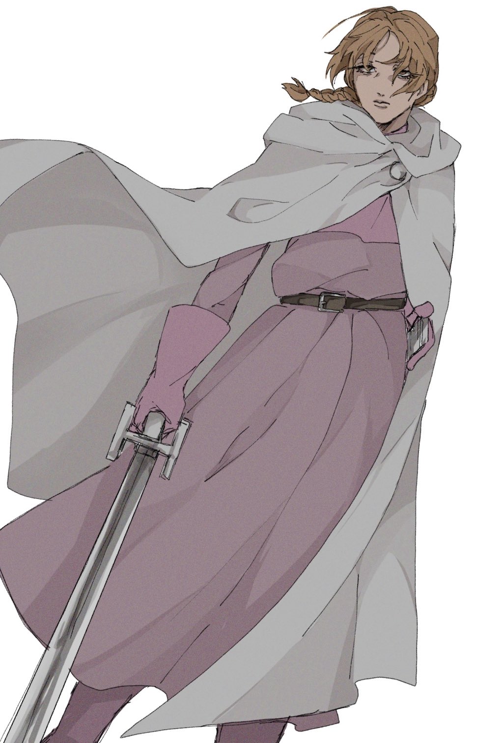 wasadi, jolenta, chi.: chikyuu no undou ni tsuite, highres, 1girl, belt, blonde hair, boots, braid, brown belt, capelet, cloak, closed mouth, dress, feet out of frame, gloves, holding, holding sword, holding weapon, hood, hood down, long dress, long hair, parted bangs, pink boots, pink capelet, pink dress, pink gloves, single braid, sketch, solo, standing, sword, weapon, white background, white cloak