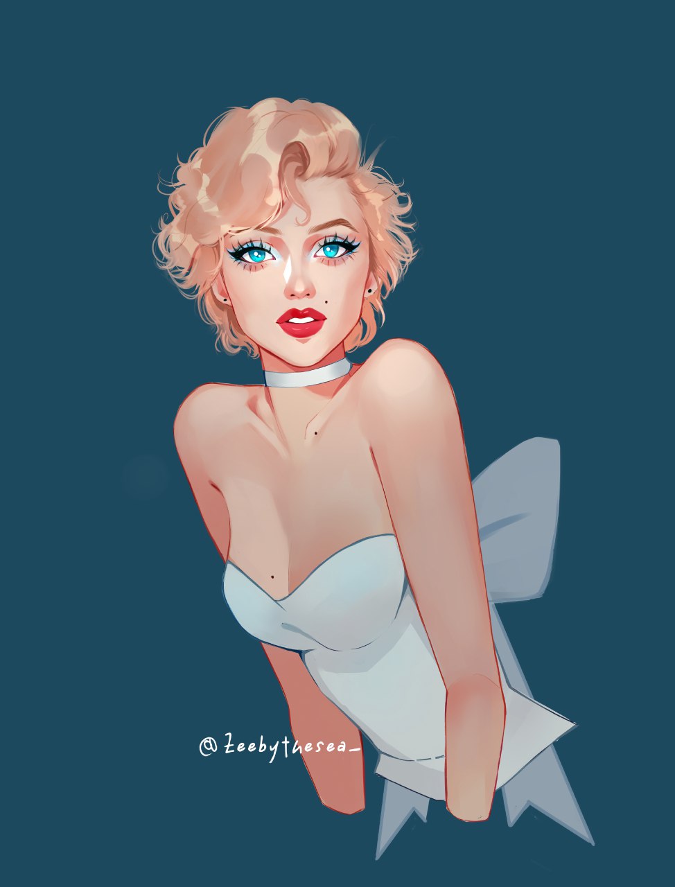 zeebythesea, marilyn monroe, real life, highres, 1girl, aqua eyes, asymmetrical bangs, back bow, blonde hair, blue eyeshadow, bow, choker, collarbone, cropped torso, curtained hair, dress, earrings, eyelashes, eyeshadow, green background, jewelry, looking at viewer, makeup, mole, mole on chest, mole on collarbone, parted lips, red lips, short hair, simple background, strapless, strapless dress, stud earrings, thick eyebrows, thick lips, twitter username, upper body, white bow, white choker, white dress