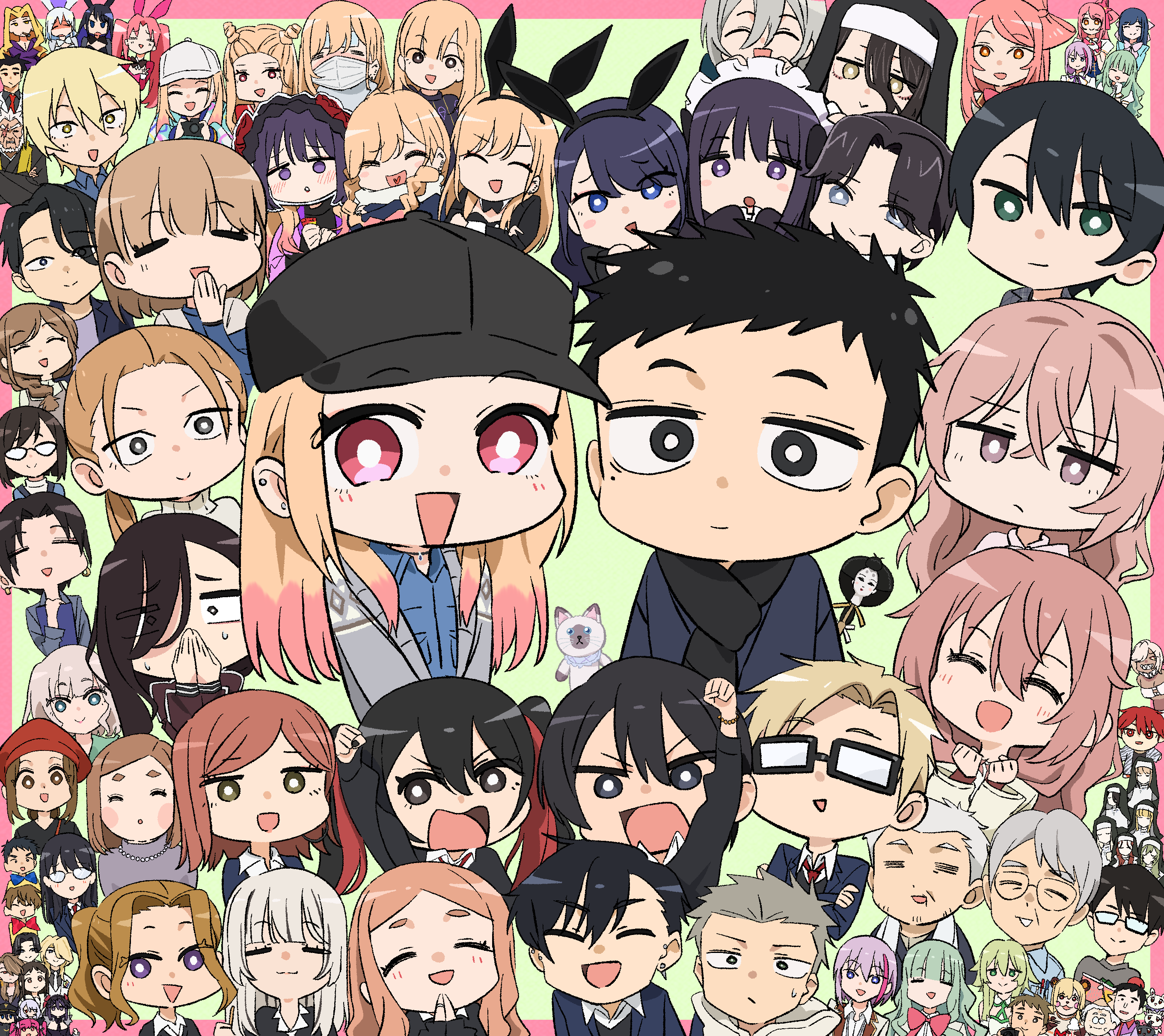 yamamoto yuusuke (animator), gojou wakana, kitagawa marin, sono bisque doll wa koi wo suru, absurdres, character request, highres, official art, 6+boys, 6+girls, arm up, black hair, black hat, blonde hair, border, chibi, glasses, green background, group picture, hat, long hair, mask, mouth mask, multicolored hair, multiple boys, multiple girls, pink border, pink hair, playboy bunny, red eyes, short hair, simple background, two-tone hair