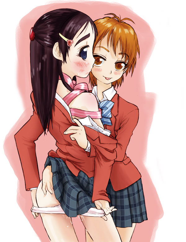 misumi nagisa, yukishiro honoka, futari wa precure, precure, non-web source, 00s, 2girls, :p, bare shoulders, black hair, blazer, blue bow, blue eyes, blush, bow, brown eyes, brown hair, hair ornament, hairclip, jacket, long hair, multiple girls, naked ribbon, panties, panty pull, plaid clothes, plaid skirt, pussy juice, ribbon, school uniform, short hair, skirt, tongue, tongue out, underwear, undressing, yuri