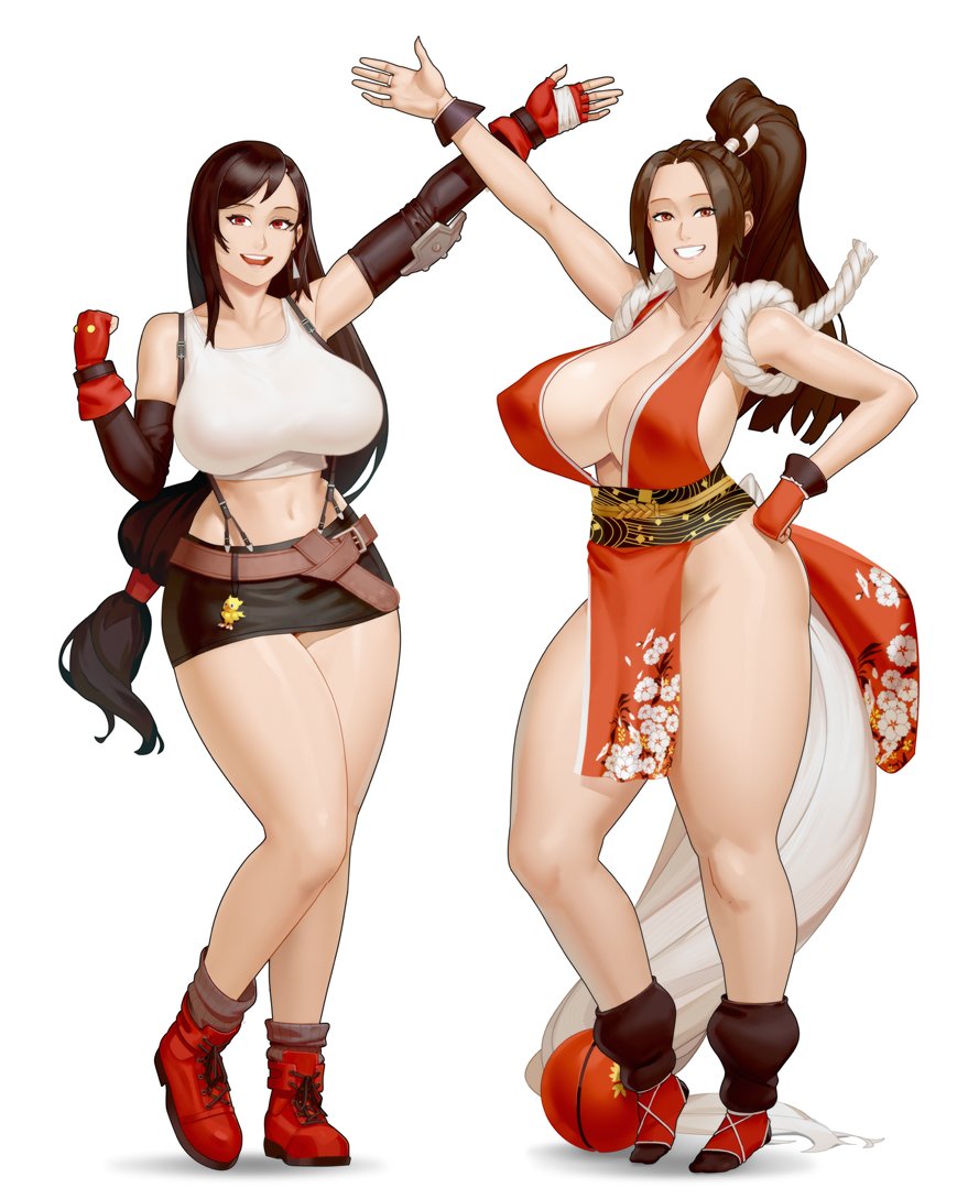 materclaws, shiranui mai, tifa lockhart, final fantasy, snk, 2girls, breasts, large breasts, midriff, multiple girls, ninja, skirt, smile, tank top, thick thighs, thighs
