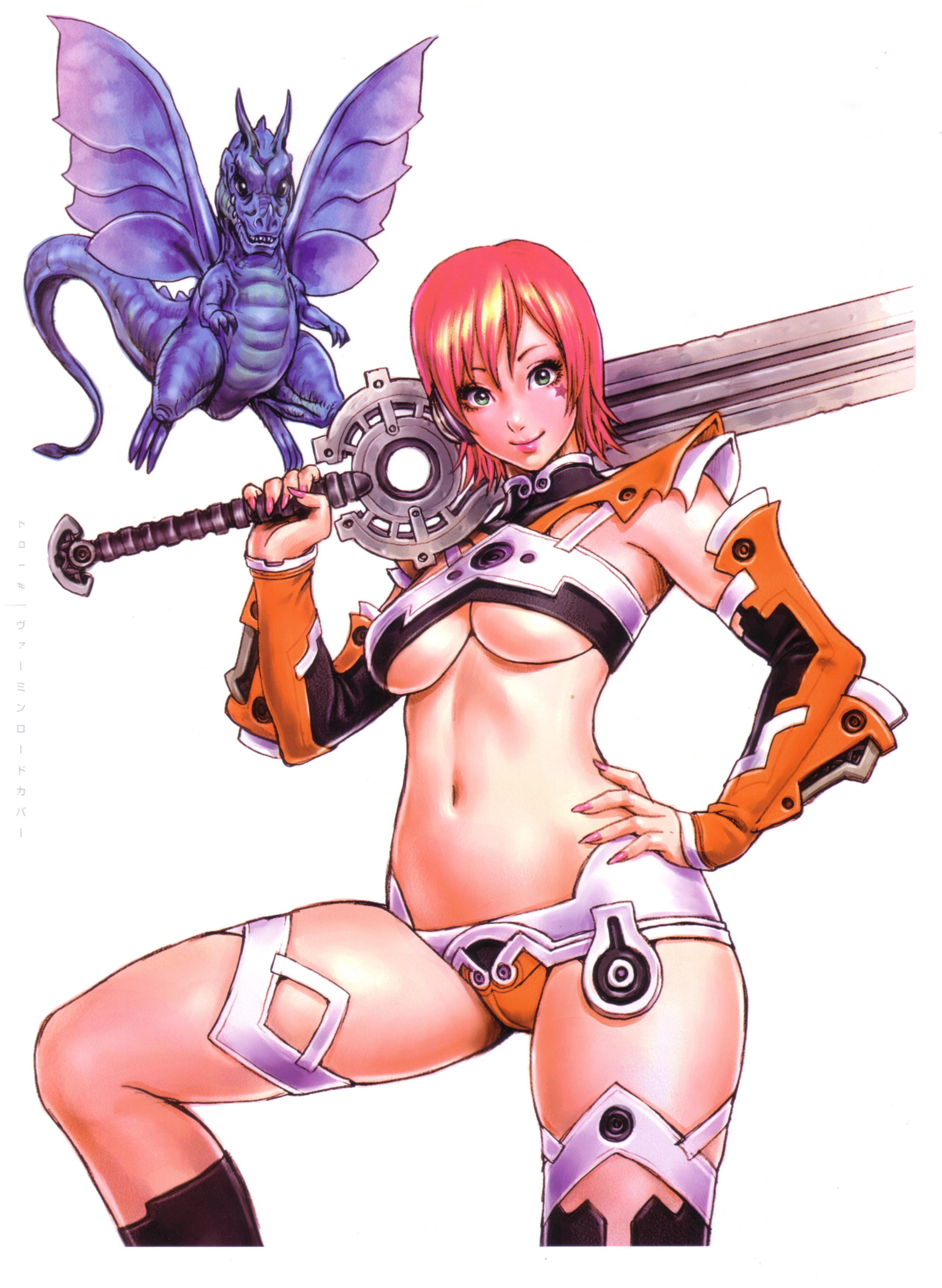 yamashita shun'ya, rudy (yamashita shunya), wild flower, absurdres, highres, 1girl, armor, bikini armor, breasts, detached sleeves, dragon, female focus, green eyes, hand on own hip, hip focus, large breasts, lowleg, nail polish, pink nails, red hair, short hair, smile, solo, star (symbol), sword, tattoo, thigh strap, underboob, weapon