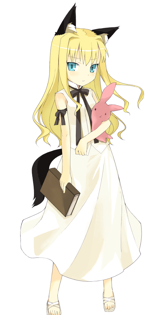 ikura hato, original, 1girl, animal ears, bare shoulders, blonde hair, cowboy shot, dress, female focus, fox ears, looking at viewer, simple background, solo, standing, white background, white dress