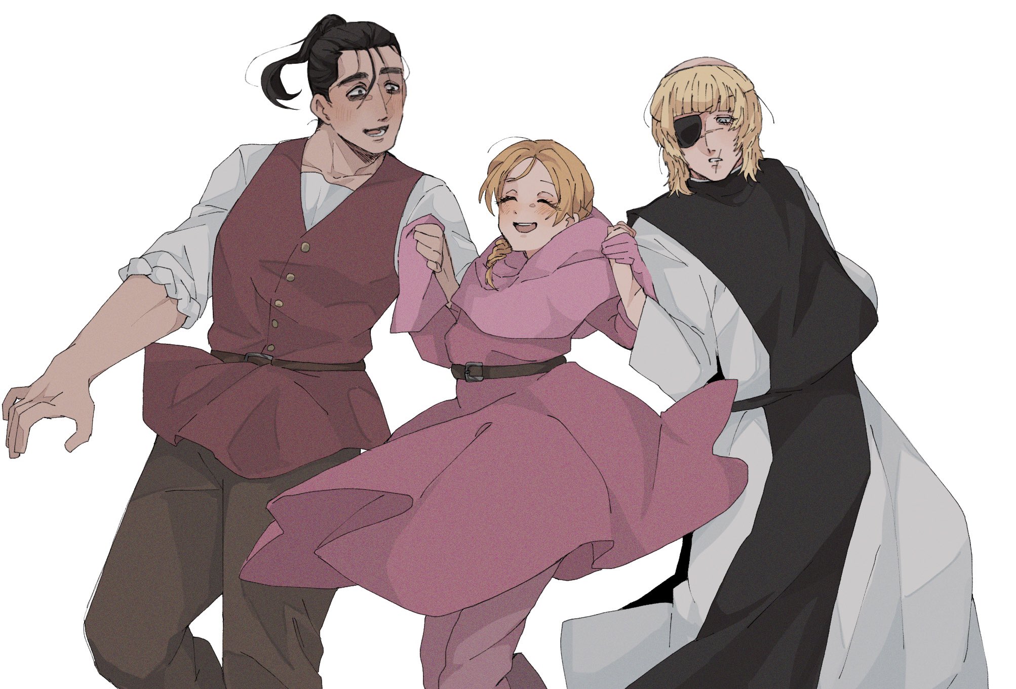 wasadi, badeni, jolenta, oczy, chi.: chikyuu no undou ni tsuite, highres, 1girl, 2boys, bags under eyes, belt, black hair, black tunic, blonde hair, blunt bangs, braid, brown belt, capelet, closed eyes, cowboy shot, dress, eyepatch, gloves, grey pants, hair over shoulder, holding hands, hood, hood down, hooded capelet, light blush, looking at another, multiple boys, open mouth, pants, parted lips, pink capelet, pink dress, pink gloves, pink pants, ponytail, robe, scar, scar on face, scar on mouth, scar on nose, shirt, single braid, sleeves rolled up, smile, thick eyebrows, tonsure, tunic, white background, white robe, white shirt
