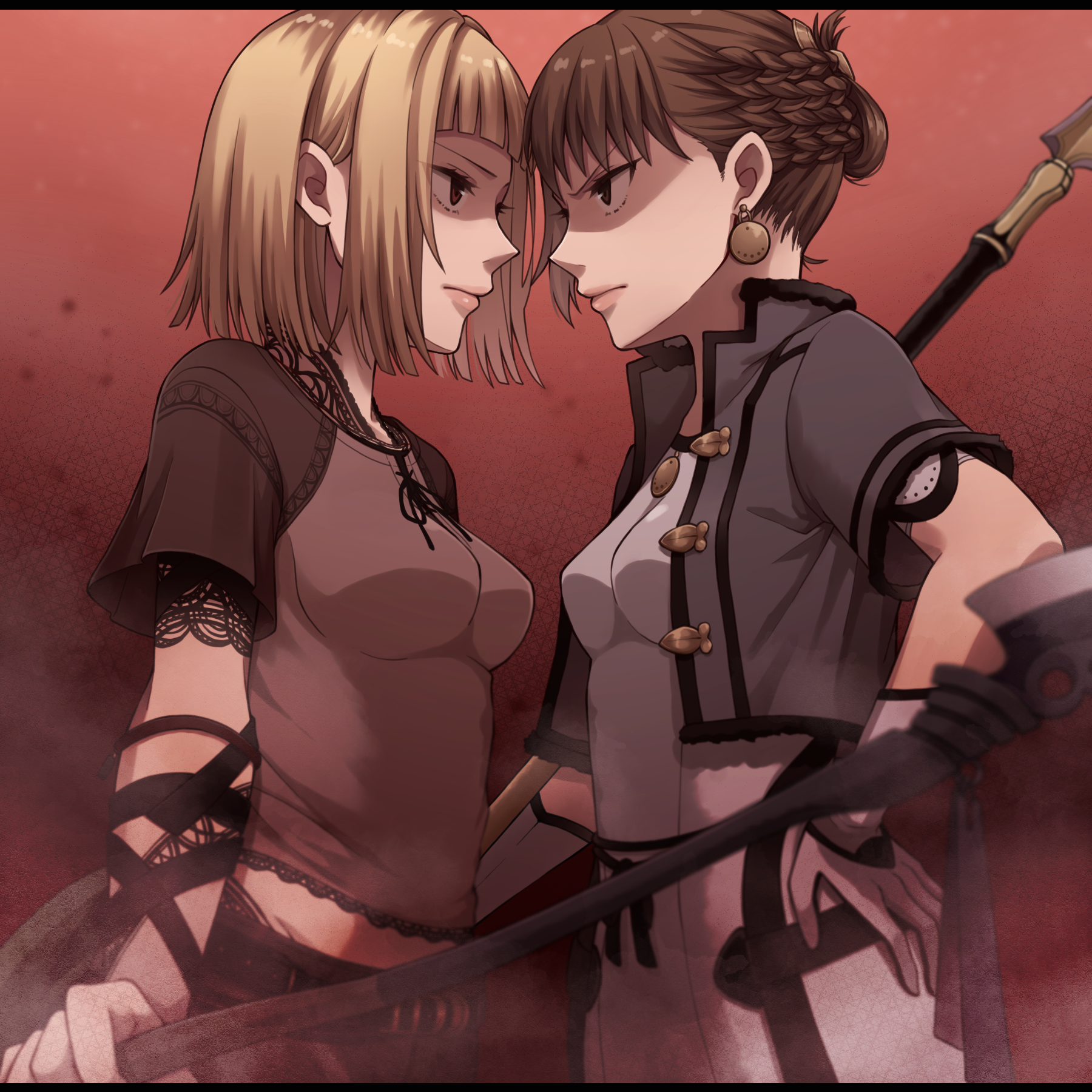tamakingx422x, eris (drag-on dragoon 2), manah, drag-on dragoon, drag-on dragoon 2, highres, 2girls, belt, black belt, blonde hair, blunt bangs, braid, breasts, brown eyes, closed mouth, cropped jacket, dress, earrings, eye contact, folded ponytail, gloves, gold earrings, grey jacket, half up braid, hand on own hip, holding, holding polearm, holding weapon, jacket, jewelry, looking at another, medium breasts, multiple girls, neck ribbon, open clothes, open jacket, polearm, red eyes, ribbon, shaded face, short hair, short sleeves, tight clothes, upper body, weapon, white dress, white gloves