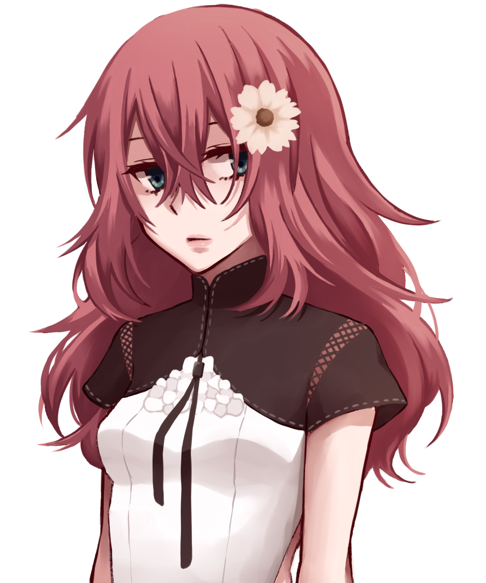 tamakingx422x, devola, nier (series), highres, 1girl, blue eyes, breasts, closed mouth, flower, hair between eyes, hair flower, hair ornament, lips, long hair, red hair, shirt, short sleeves, small breasts, solo, upper body, white background, white flower, white shirt