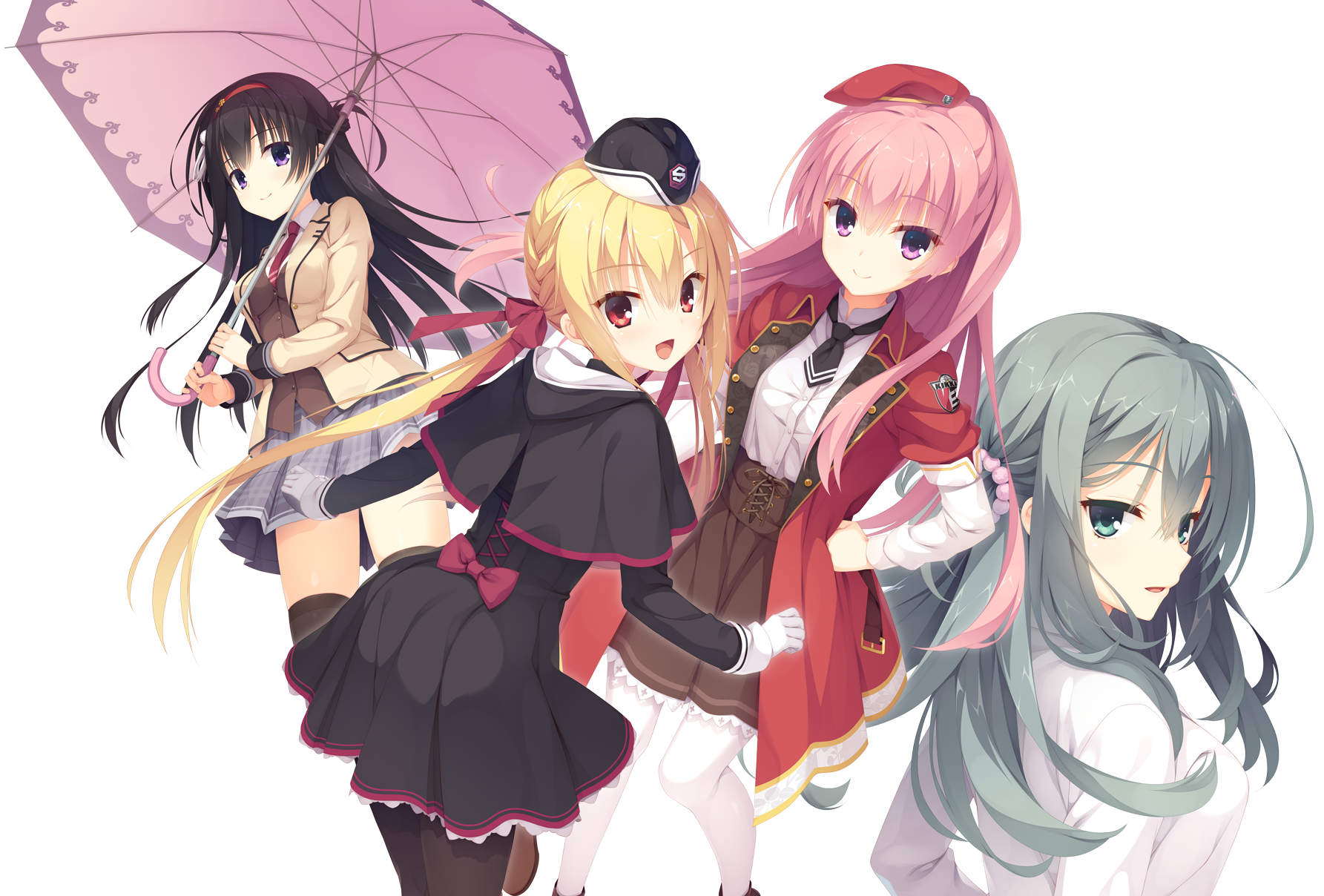 kobuichi, muririn, arihara nanami, mitsukasa ayase, nijouin hazuki, shikibe mayu, riddle joker, highres, official art, third-party source, 4girls, :d, aqua eyes, aqua hair, artist name, back bow, beads, beret, black capelet, black dress, black hat, black necktie, black pantyhose, blonde hair, blush, bow, brown skirt, brown vest, capelet, clenched hand, closed mouth, coat, collared shirt, cowboy shot, dress, eyelashes, eyes visible through hair, floating hair, frilled dress, frilled skirt, frills, garrison cap, gloves, grey skirt, hair beads, hair bow, hair ornament, hair ribbon, hairband, hand on own hip, hat, high-waist skirt, holding, holding umbrella, jacket, kikka academy school uniform, lab coat, long hair, long sleeves, low twintails, miniskirt, multiple girls, necktie, one side up, open clothes, open coat, open jacket, open mouth, pantyhose, pink hair, pink umbrella, plaid clothes, plaid skirt, pleated skirt, purple eyes, red bow, red coat, red eyes, red hairband, red hat, red necktie, red ribbon, ribbon, school uniform, shirt, short dress, short necktie, sidelocks, simple background, skirt, smile, straight hair, tassel, tassel hair ornament, thighhighs, transparent background, twintails, umbrella, under umbrella, upper body, very long hair, vest, white gloves, white shirt, white thighhighs, yellow jacket