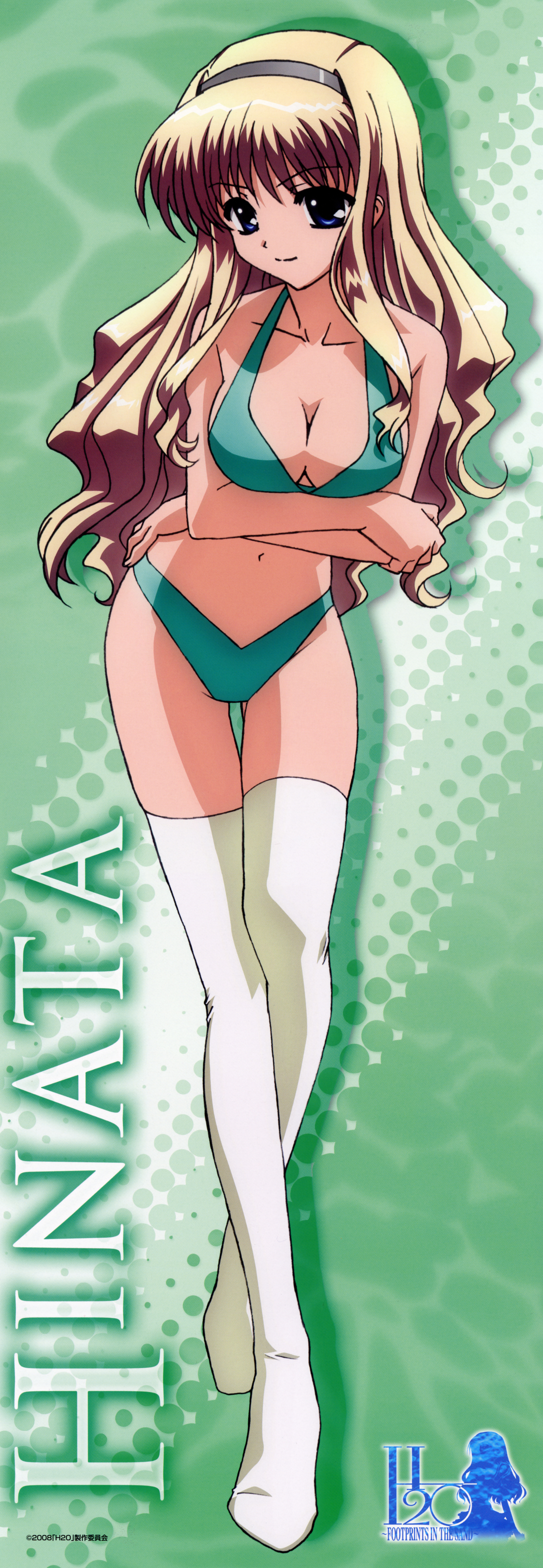 okuda atsushi, kagura hinata, h2o footprints in the sand, breast hold, absurdres, highres, long image, non-web source, tall image, 00s, 1girl, bikini, blonde hair, blue eyes, breasts, cleavage, crossed arms, female focus, hairband, headband, leaning forward, long hair, solo, stick poster, swimsuit, thigh gap, thighhighs, thighs, very long hair, wavy hair