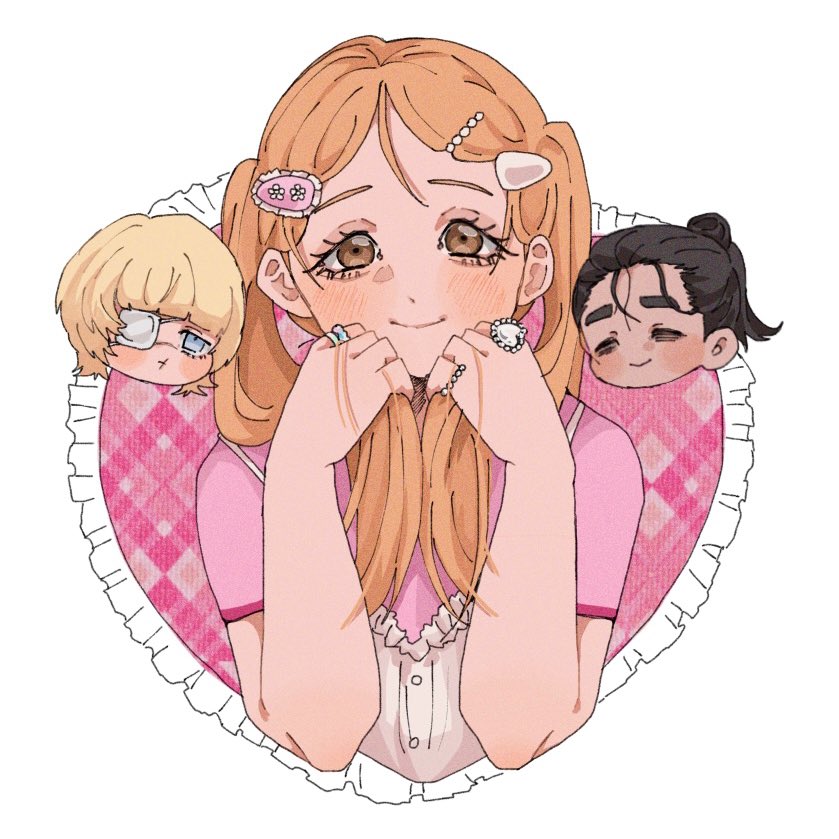 wasadi, badeni, jolenta, oczy, chi.: chikyuu no undou ni tsuite, 1girl, 2boys, alternate costume, bags under eyes, black hair, blonde hair, blunt bangs, blush, border, brown eyes, chibi, chibi inset, dress, eyepatch, grey eyes, hair bun, hair ornament, hairclip, hands in own hair, jewelry, long hair, looking at viewer, medical eyepatch, medium hair, multiple boys, multiple rings, parted bangs, pink background, pink shirt, plaid background, ponytail, ring, scar, scar on face, scar on mouth, scar on nose, shirt, shirt under dress, short sleeves, smile, thick eyebrows, twintails, upper body, white border, white dress