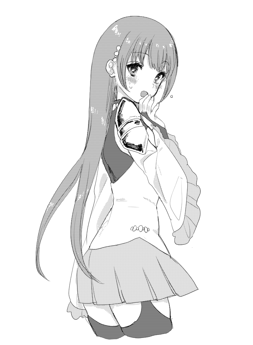 eurasia (wtp09ptw14), original, commentary request, 1girl, armor, blush, cropped legs, from side, greyscale, hair ornament, long hair, long sleeves, looking at viewer, miniskirt, monochrome, open mouth, shirt, shoulder armor, simple background, sketch, skirt, small sweatdrop, solo, thighhighs, white background, wide sleeves