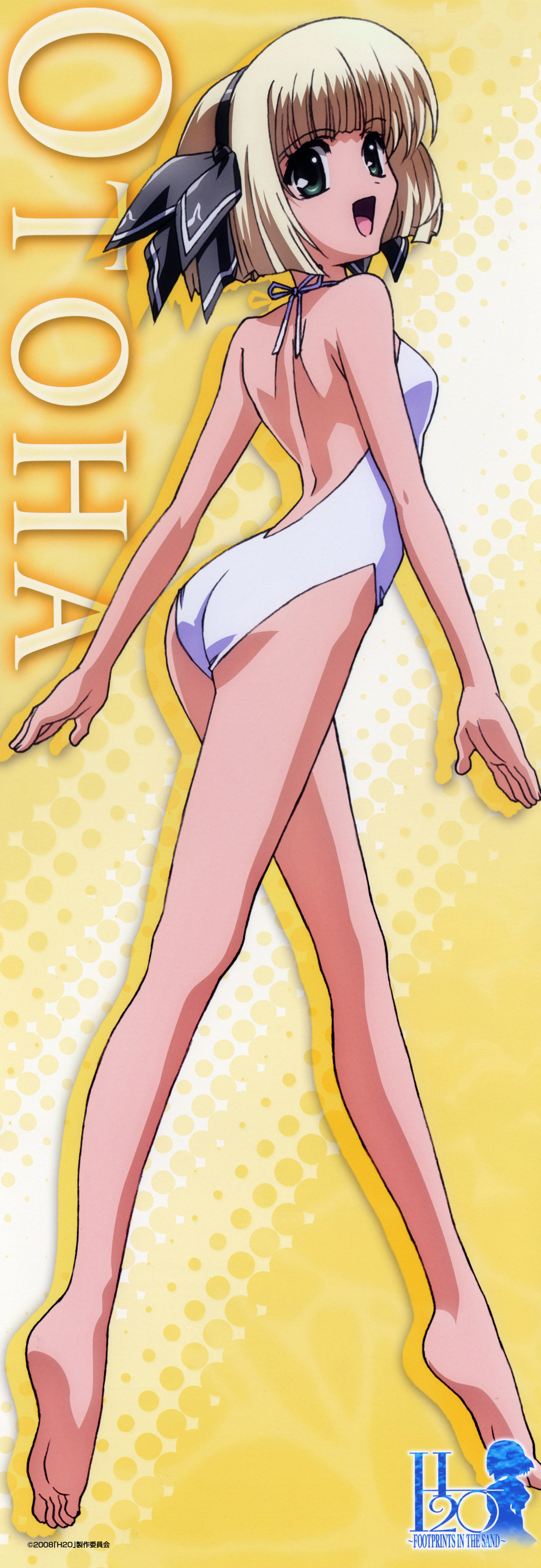 okuda atsushi, otoha (h2o), h2o footprints in the sand, absurdres, highres, long image, non-web source, tall image, 00s, 1girl, ass, bare shoulders, barefoot, blonde hair, feet, female focus, green eyes, hairband, headband, one-piece swimsuit, open mouth, short hair, solo, stick poster, swimsuit