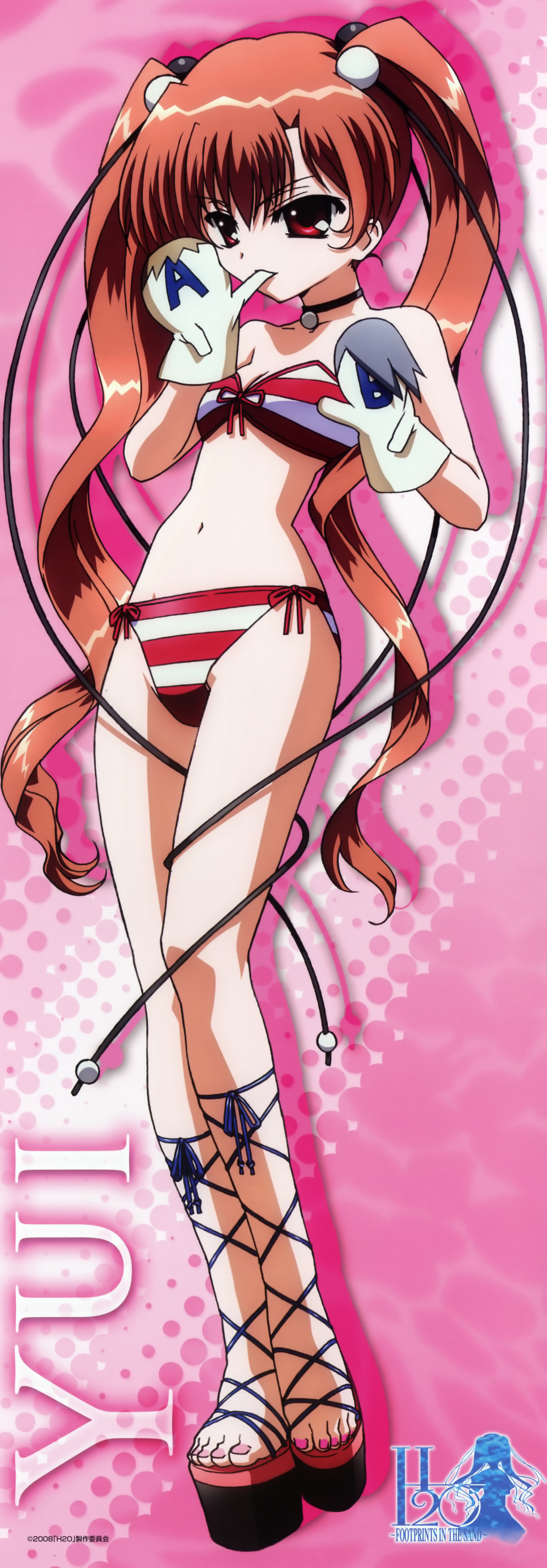 okuda atsushi, tabata yui, h2o footprints in the sand, absurdres, highres, long image, non-web source, tall image, 00s, 1girl, bikini, brown hair, feet, female focus, hand puppet, long hair, puppet, red eyes, sandals, solo, stick poster, striped bikini, striped clothes, swimsuit, toes, twintails, very long hair