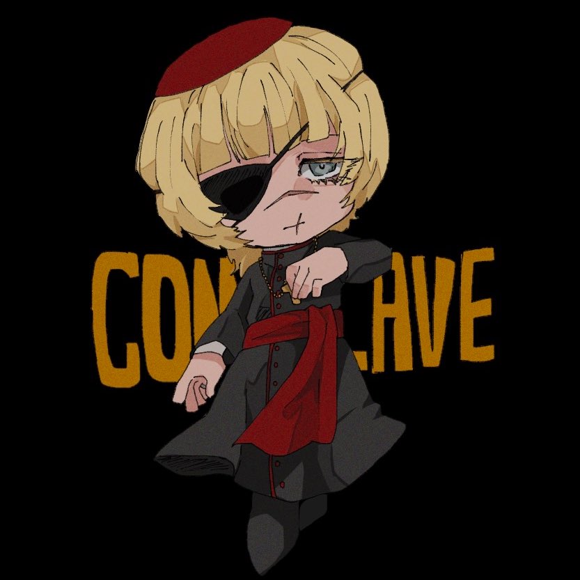 wasadi, badeni, chi.: chikyuu no undou ni tsuite, 1boy, belt, black background, black pants, black robe, blonde hair, blunt bangs, chibi, chibi only, closed mouth, copyright name, eyepatch, full body, grey eyes, hat, male focus, medium hair, pants, priest, red belt, red hat, robe, rosary, scar, scar on face, scar on mouth, scar on nose, solo