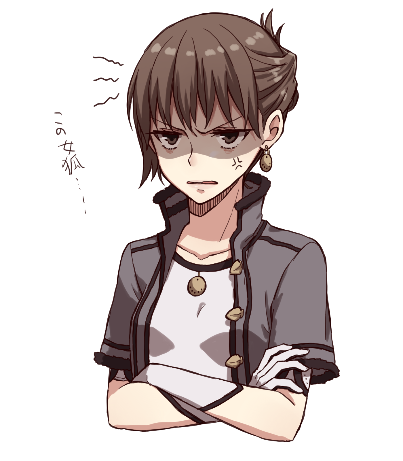 tamakingx422x, eris (drag-on dragoon 2), drag-on dragoon, drag-on dragoon 2, commentary request, highres, translation request, 1girl, anger vein, angry, breasts, brown eyes, brown hair, collarbone, cropped torso, crossed arms, earrings, folded ponytail, gloves, gold earrings, grey jacket, half updo, jacket, jewelry, open clothes, open jacket, parted lips, shaded face, shirt, short hair, short sleeves, small breasts, solo, t-shirt, toggles, white background, white gloves, white shirt