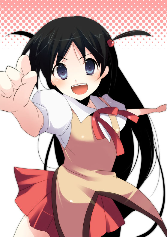 kurohara yuu, tsukamoto tenma, school rumble, 00s, 1girl, black hair, blouse, blue theme, blush, bow, bowtie, collared shirt, cowboy shot, female focus, foreshortening, halftone, long hair, miniskirt, parted bangs, puffy short sleeves, puffy sleeves, red bow, red bowtie, school uniform, shirt, short sleeves, short twintails, skirt, solo, standing, twintails, two side up, v-shaped eyebrows, very long hair, white background, white shirt