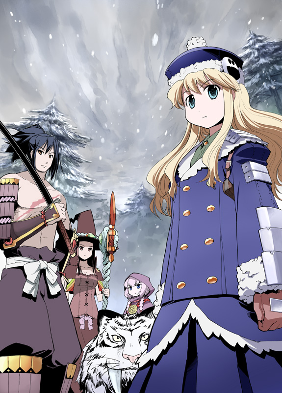 takahata yuki, bushidou (sekaiju), bushidou 1 (sekaiju), curse maker, curse maker 2, doctor magus, doctor magus 2, gunner (sekaiju), gunner 2 (sekaiju), jack frost (megami tensei), pet (sekaiju), pet 1 (sekaiju), atlus, etrian odyssey, silver hair, 3girls, abs, armor, black hair, blonde hair, blue eyes, braid, breasts, brown eyes, brown hair, buttons, cleavage, cloak, cloud, coat, fangs, fantasy, flat chest, frown, fur trim, gloves, hat, holding, hood, japanese clothes, long hair, looking at viewer, medium breasts, multiple girls, nature, outdoors, over shoulder, pectorals, polearm, ponytail, sash, scar, sheath, short hair, sidelocks, skirt, sky, small breasts, smile, smiley face, snow, spear, staff, standing, surcoat, sword, tiger, topless male, tree, twin braids, weapon, weapon over shoulder, witch hat