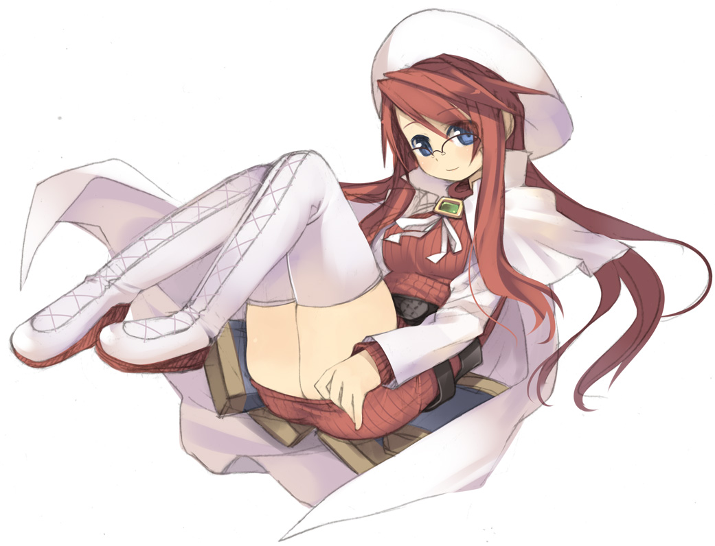 kashiwamochi yomogi, aty, aty (summon night), summon night, summon night 3, 1girl, blue eyes, female focus, glasses, hat, long hair, red hair, solo, thighhighs, zettai ryouiki