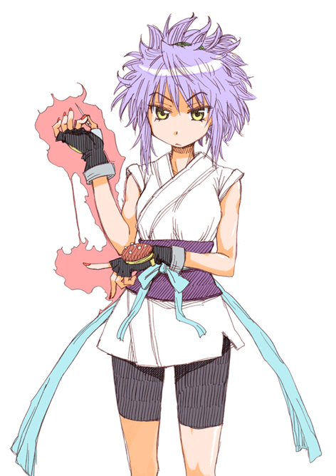 mikami komata, mikami konu, machi komacine, hunter x hunter, light purple hair, aura, bike shorts, dougi, fingerless gloves, gloves, japanese clothes, solo, yellow eyes