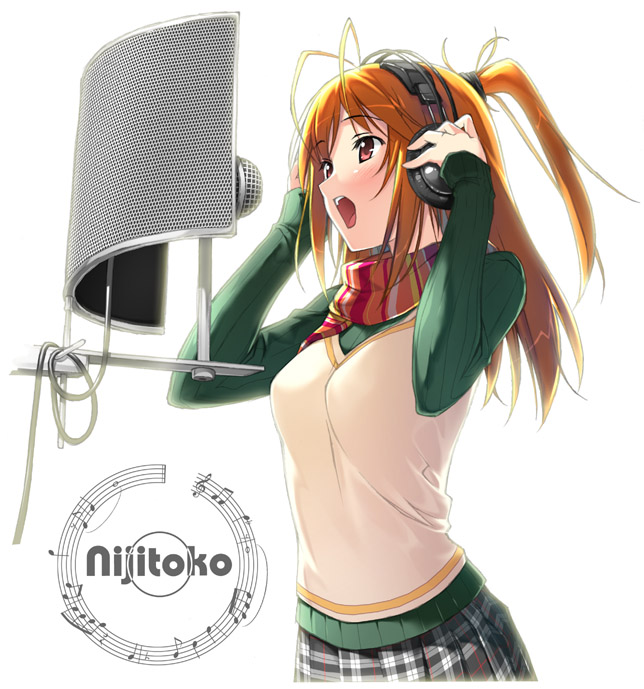 kantoku, original, 1girl, antenna hair, beamed quavers, crotchet rest, female focus, hands on headphones, headphones, microphone, microphone stand, music, musical note, musical staff, open mouth, orange hair, plaid clothes, plaid skirt, pleated skirt, ponytail, quaver, quaver rest, recording studio, red eyes, scarf, singing, skirt, solo, studio microphone, sweater vest, treble clef, vest