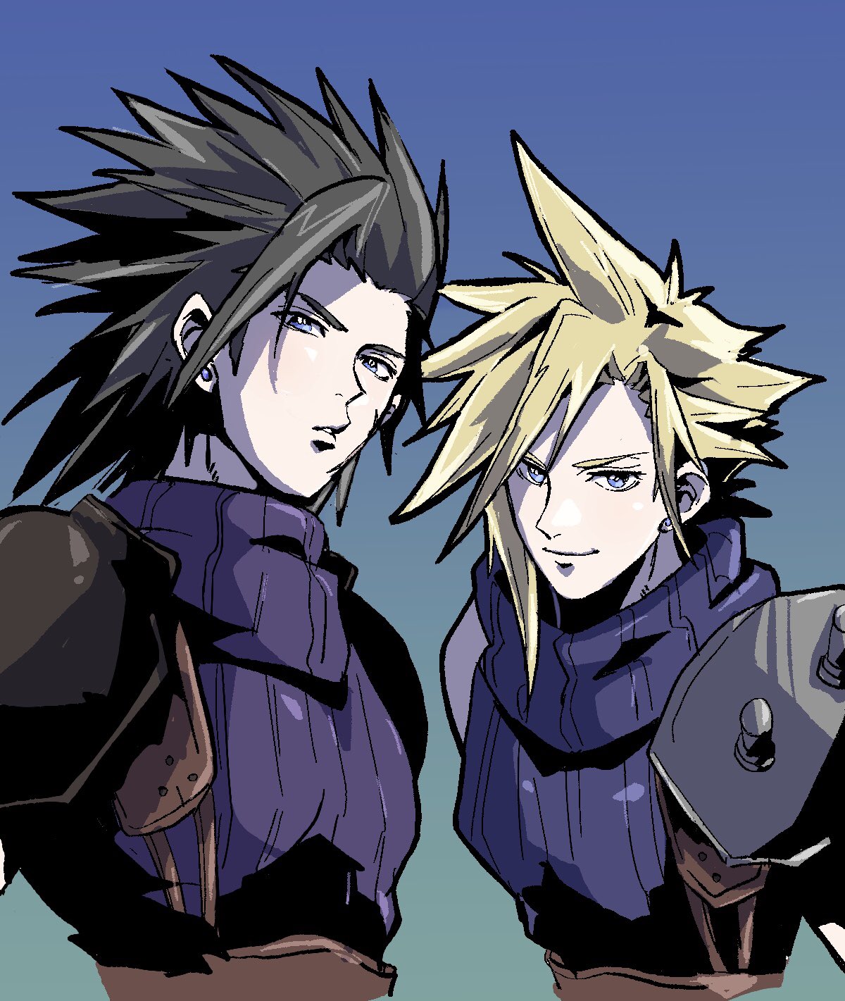 motsutei, cloud strife, zack fair, final fantasy, final fantasy vii, commentary request, highres, 2boys, armor, belt, black hair, blonde hair, blue background, blue eyes, blue shirt, brown belt, earrings, gradient background, hair slicked back, jewelry, looking at viewer, male focus, medium hair, multiple boys, parted lips, scar, scar on face, shirt, short hair, shoulder armor, shoulder spikes, sideburns, single bare shoulder, single earring, sleeveless, sleeveless turtleneck, spiked hair, spikes, suspenders, turtleneck, upper body