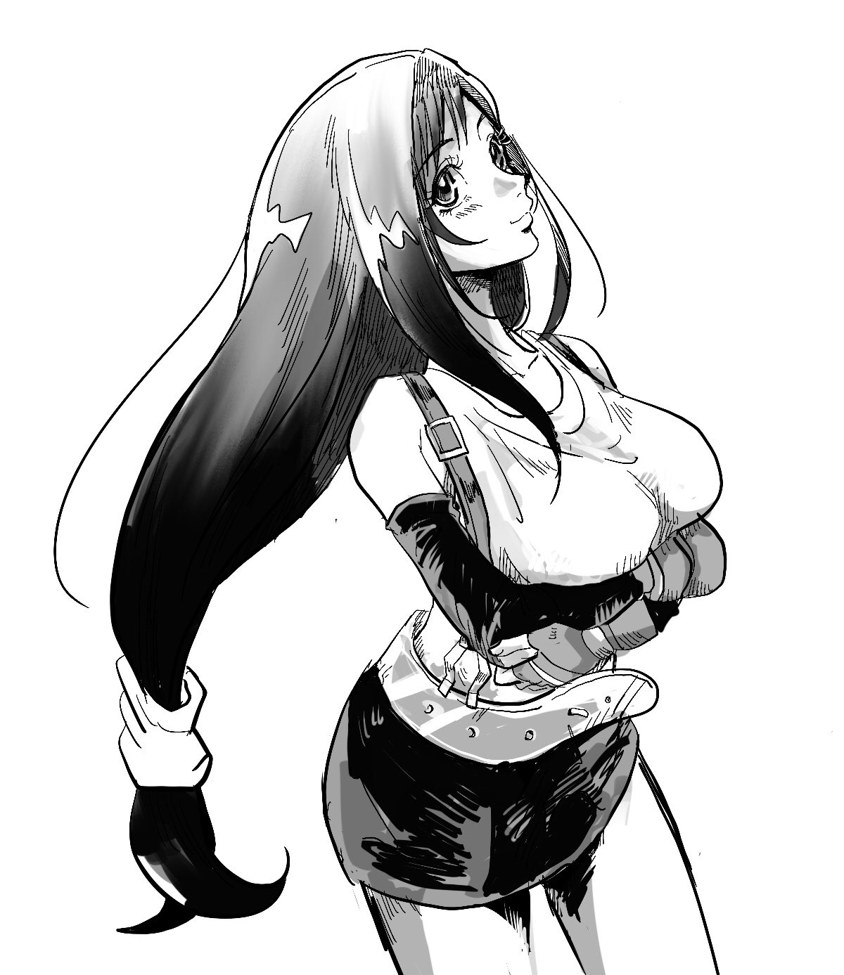 motsutei, tifa lockhart, final fantasy, final fantasy vii, commentary, highres, 1girl, arms under breasts, bare shoulders, belt, black sleeves, breasts, closed mouth, collarbone, cowboy shot, crop top, detached sleeves, fingerless gloves, gloves, greyscale, large breasts, long hair, low-tied long hair, miniskirt, monochrome, pencil skirt, skirt, smile, solo, suspender skirt, suspenders, tank top, white background, white tank top