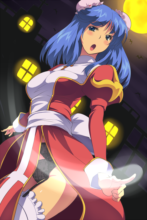 amami amayu, high priest (ragnarok online), ragnarok online, 1girl, blue eyes, blue hair, bun cover, double bun, female focus, garter belt, garter straps, hair bun, lace, lace panties, looking at viewer, matching hair/eyes, moon, night, open mouth, panties, priestess, solo, thighhighs, underwear