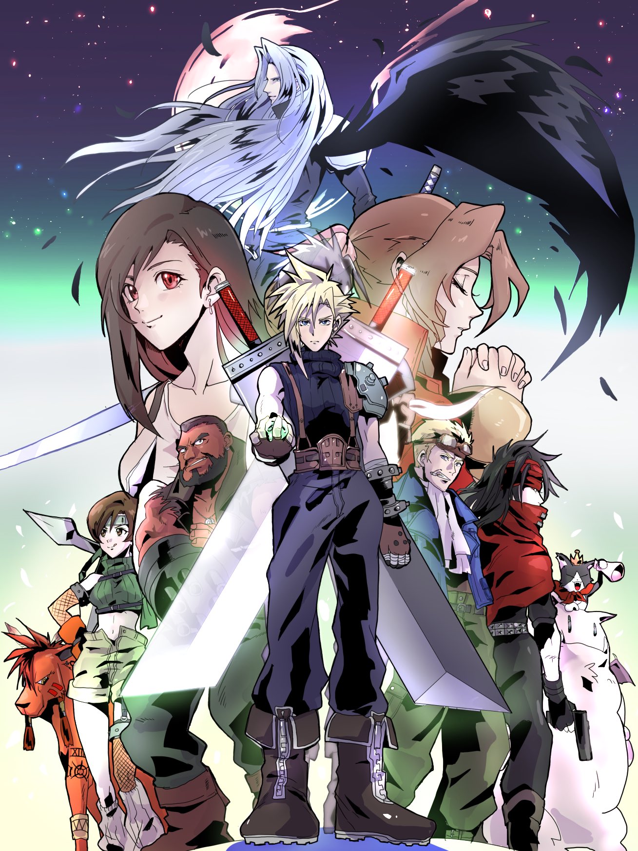 motsutei, aerith gainsborough, barret wallace, cait sith (final fantasy), cid highwind, cloud strife, moogle, red xiii, sephiroth, tifa lockhart, vincent valentine, yuffie kisaragi, final fantasy, final fantasy vii, commentary request, highres, 3girls, 6+boys, armor, ascot, baggy pants, black hair, black wings, blonde hair, blue jacket, blue sweater, boots, brown gloves, brown hair, buster sword, cape, cloak, dark-skinned male, dark skin, full body, gloves, goggles, goggles on head, green sweater, grey hair, headband, jacket, long hair, masamune (ff7), multiple boys, multiple girls, ninja, open fly, orange fur, pants, praying, red cape, red cloak, red eyes, red headband, short hair, shorts, shoulder armor, single wing, sleeveless, sleeveless turtleneck, spiked hair, standing, sweater, sword, sword on back, tank top, turtleneck, turtleneck sweater, upper body, weapon, weapon on back, white ascot, white tank top, wings