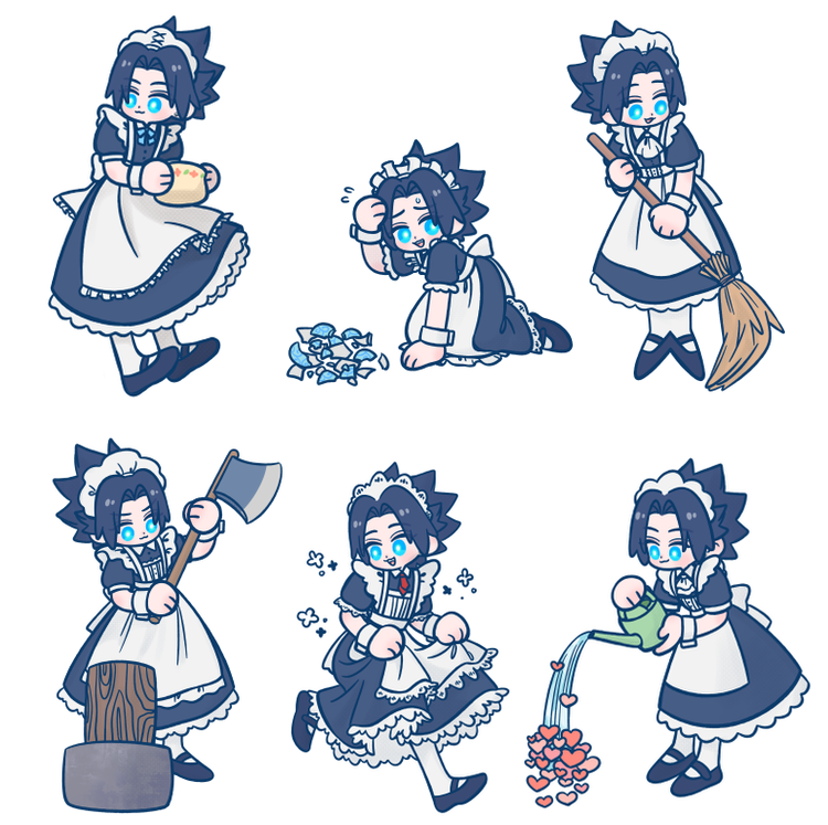 105zz, zack fair, crisis core final fantasy vii, final fantasy, final fantasy vii, commentary request, 1boy, apron, axe, black dress, black hair, black shoes, blue eyes, broken, broom, crossdressing, crossdressing (mtf), dress, full body, heart, holding, holding axe, holding broom, kneeling, maid, maid apron, maid headdress, male focus, multiple views, parted bangs, running, shoes, short hair, smile, watering can, white apron