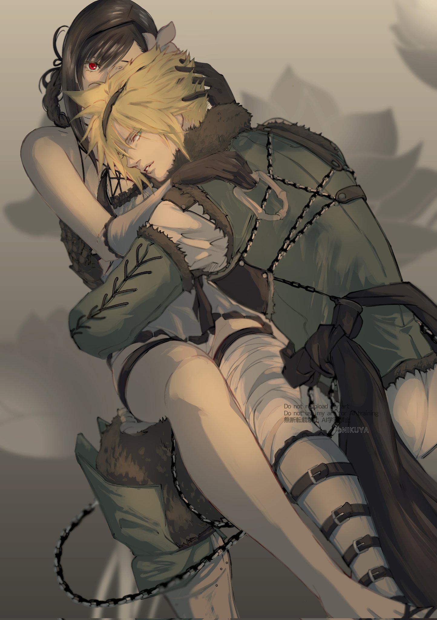 nikuya (nikuya888), cloud strife, kaine (nier), nier (brother), nier (brother) (post timeskip), tifa lockhart, final fantasy, final fantasy vii, final fantasy vii remake, nier, nier (series), commentary request, highres, 1boy, 1girl, asymmetrical legwear, bandaged leg, bandages, black gloves, black hair, blonde hair, blue dress, blue eyes, blue negligee, braid, breast pillow, breasts, chain, cosplay, couple, detached sleeves, dress, feet out of frame, flower, frilled dress, frills, fur-trimmed collar, fur-trimmed sleeves, fur trim, gloves, hair flower, hair ornament, hand on another's head, hug, jacket, kaine (nier) (cosplay), large breasts, lips, long hair, lunar tear, nier (brother) (cosplay), parted lips, red eyes, short dress, short hair, single bare leg, single bare shoulder, sitting, sitting on lap, sitting on person, spiked hair, thigh strap, white flower