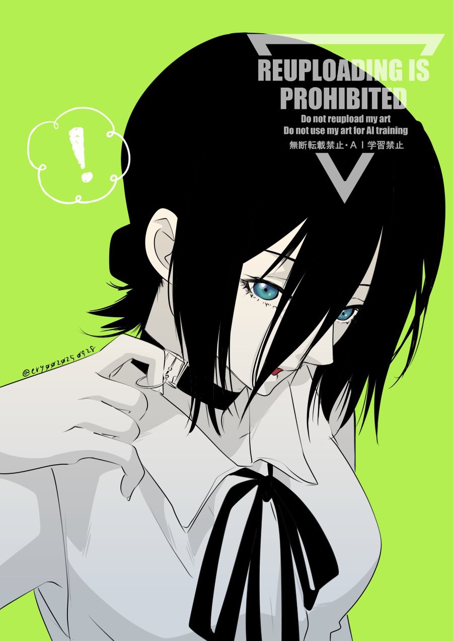 aiz00, reze (chainsaw man), chainsaw man, highres, !, 1girl, black hair, blue eyes, breasts, collared shirt, green background, grenade pin, hair between eyes, hair bun, medium breasts, medium hair, neck ribbon, parted lips, ribbon, shirt, sleeveless, sleeveless shirt, smile, solo, twitter username, upper body, white shirt