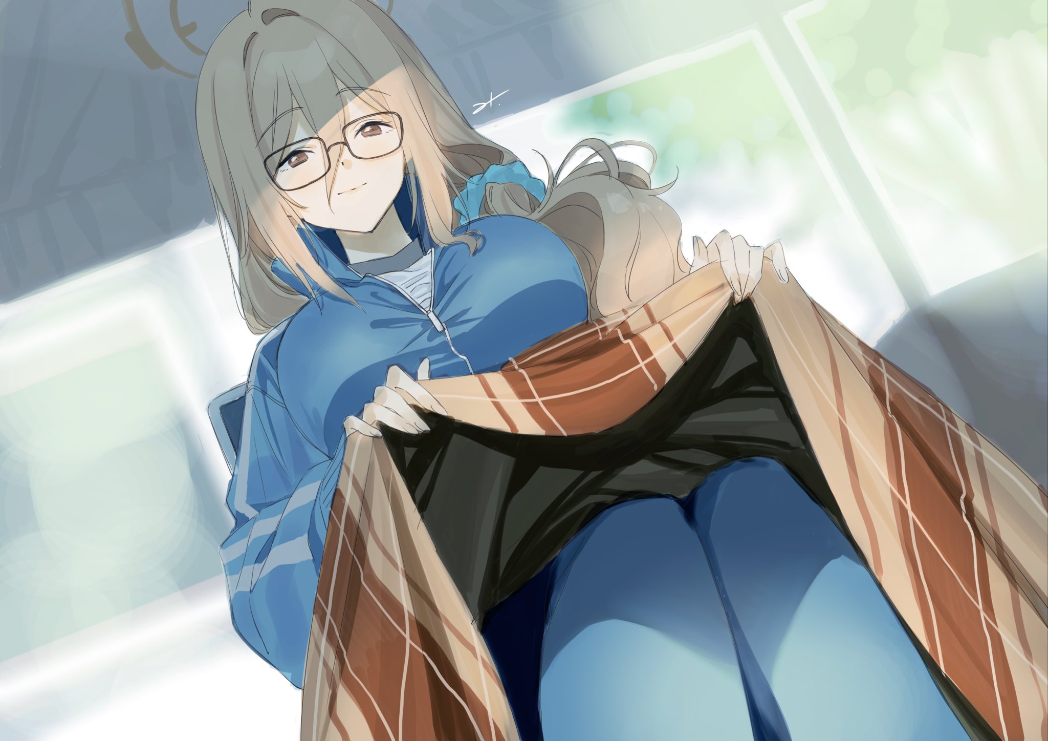 mitsuhashitaeko, akane (blue archive), blue archive, commentary request, highres, 1girl, blanket, blonde hair, blue jacket, blue pants, blue scrunchie, blue track suit, blurry, blurry background, breasts, brown eyes, brown halo, closed mouth, dutch angle, feet out of frame, glasses, hair ornament, hair scrunchie, halo, holding, holding blanket, hood, hood down, hooded jacket, jacket, large breasts, long hair, looking at viewer, pants, scrunchie, sitting, smile, solo, track suit