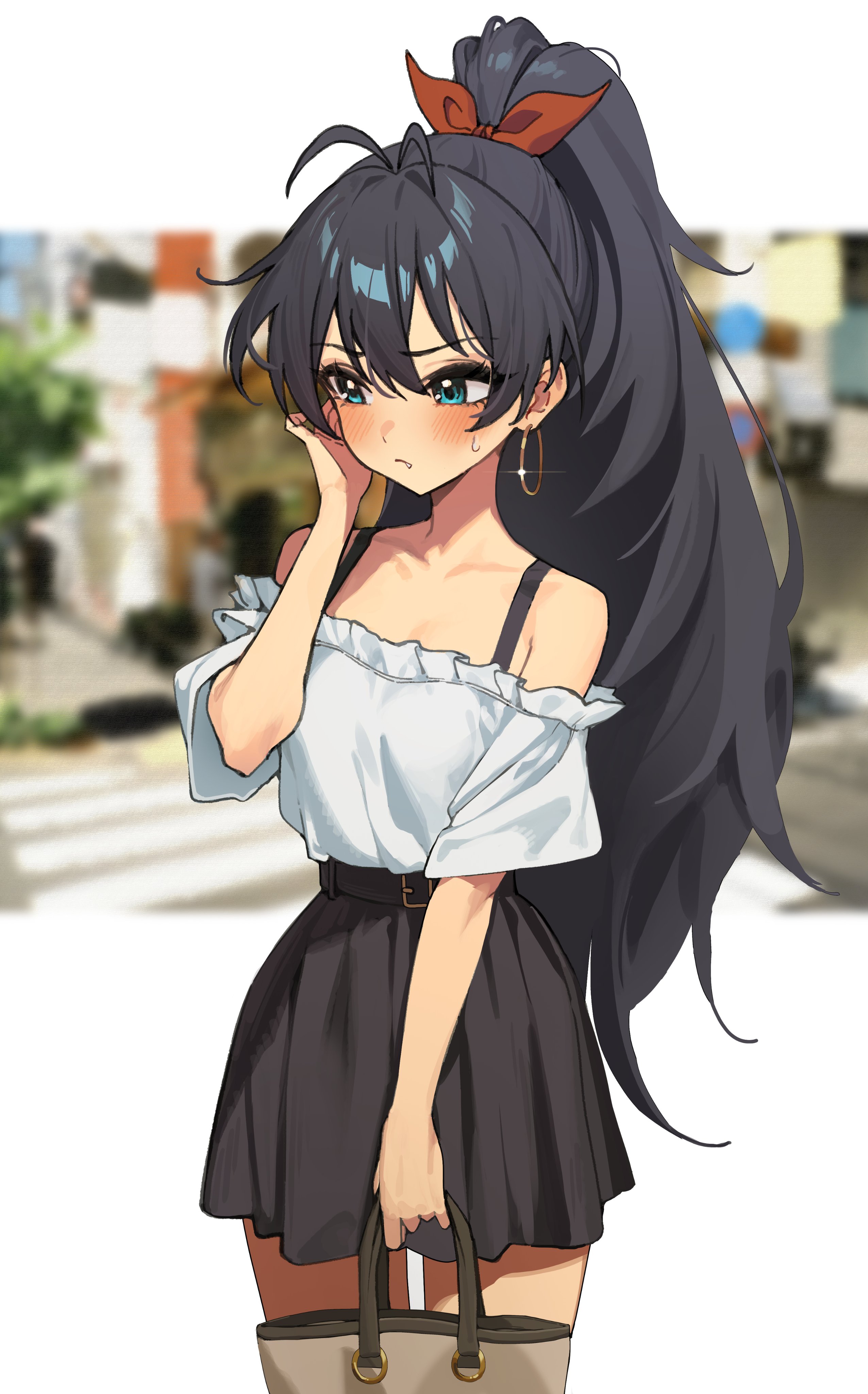 sillon, ganaha hibiki, idolmaster, idolmaster (classic), absurdres, commentary, highres, 1girl, antenna hair, bag, bare shoulders, belt, black hair, black skirt, blue eyes, blurry, blurry background, blush, bow, breasts, brown bag, cityscape, cowboy shot, day, earrings, frilled shirt, frills, furrowed brow, hair between eyes, hair bow, hand up, high ponytail, holding, holding bag, hoop earrings, jewelry, legs apart, long hair, medium breasts, miniskirt, off-shoulder shirt, off shoulder, outdoors, ponytail, red bow, shirt, shirt tucked in, short sleeves, skirt, small sweatdrop, solo, sparkle, standing, straight hair, white background, white shirt