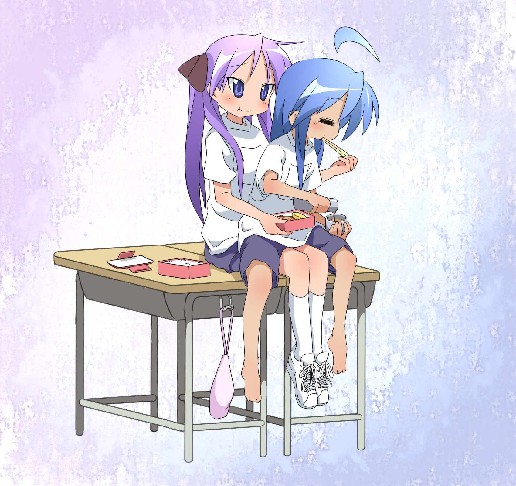 haiteku, hiiragi kagami, izumi konata, lucky star, bad id, bad pixiv id, highres, 00s, ahoge, barefoot, bento, blue eyes, blue hair, blush, desk, eating, food, gym uniform, hair ribbon, long hair, purple hair, ribbon, shoes, sitting, sitting on lap, sitting on person, smile, sneakers, tsurime, twintails