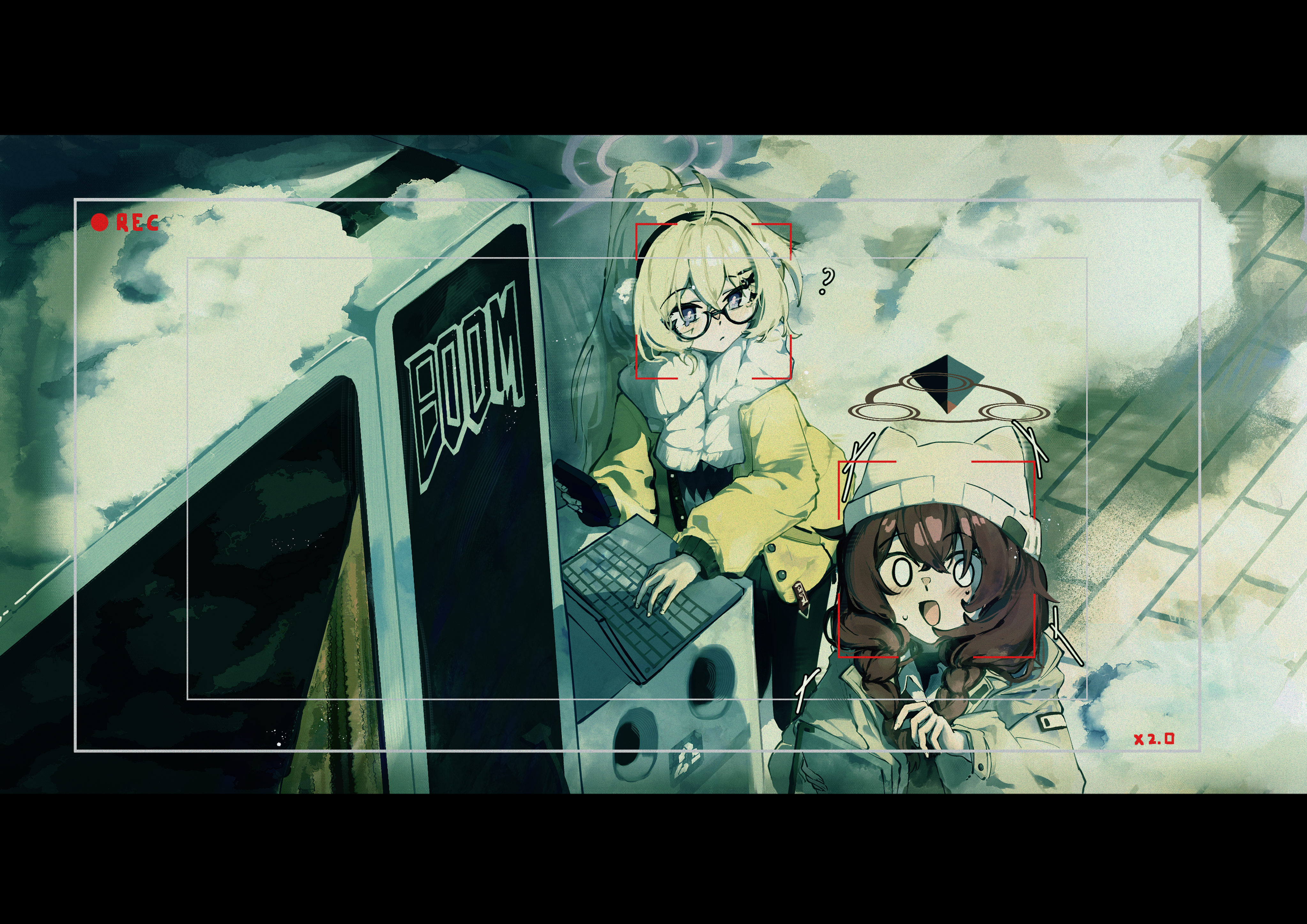 kotama (blue archive), kotama (camp) (blue archive), maki (blue archive), maki (camp) (blue archive), blue archive, doom (series), absurdres, commentary request, highres, 0 0, 2girls, :d, ?, beanie, blonde hair, blush, braid, brand name imitation, brown hat, brown scarf, camera feed, computer, facial recognition, glasses, hacking, halo, hat, jacket, laptop, letterboxed, long hair, looking at another, looking at viewer, minibeat, multiple girls, open clothes, open jacket, open mouth, ponytail, purple eyes, purple halo, recording, scarf, semi-rimless eyewear, smile, snow, sweat, twin braids, under-rim eyewear, winter, yellow jacket