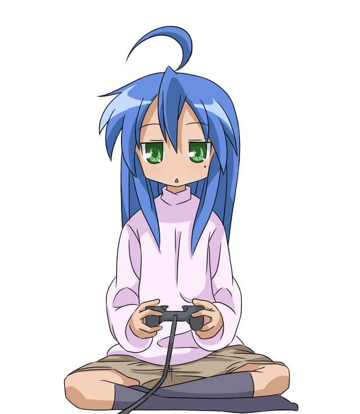 haiteku, izumi konata, lucky star, bad id, bad pixiv id, 00s, 1girl, ahoge, blue hair, controller, dualshock, female focus, game console, game controller, gamepad, green eyes, kneehighs, long hair, mole, mole under eye, playing games, playstation 2, playstation controller, socks, solo, video game