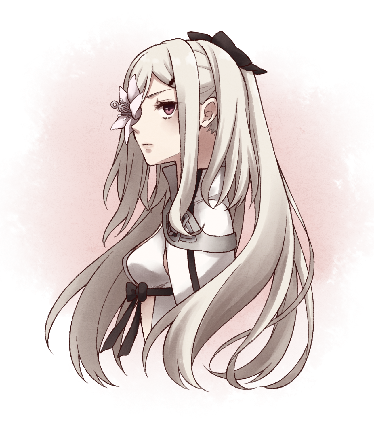 tamakingx422x, zero (drag-on dragoon), drag-on dragoon, drag-on dragoon 3, commentary request, highres, 1girl, black bow, bow, breasts, cape, closed mouth, cropped torso, dress, flower, flower over eye, from side, hair bow, hair ornament, hairclip, long hair, medium breasts, profile, purple eyes, sidelocks, solo, swept bangs, white cape, white dress, white hair