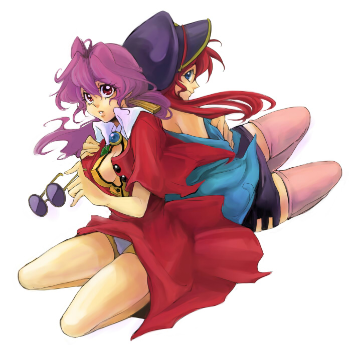 ai kent, chocolate misu, tira misu, bakuretsu hunters, 2girls, blue eyes, glasses, hat, multiple girls, pink hair, red eyes, red hair, round eyewear, skirt, sunglasses, thighhighs