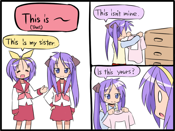 haiteku, hiiragi kagami, hiiragi tsukasa, lucky star, bad id, bad pixiv id, 00s, blouse, blue eyes, blush, bow, closed eyes, comic, english text, headband, holding shirt, holding unworn clothes, long hair, looking at viewer, open mouth, purple hair, ribbon, school uniform, serafuku, shirt, short hair, short twintails, siblings, sisters, smile, speech bubble, teaching, twintails, unworn shirt, white shirt