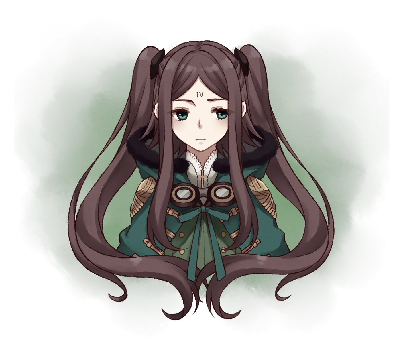 tamakingx422x, four (drag-on dragoon), drag-on dragoon, drag-on dragoon 3, commentary request, highres, 1girl, brown hair, closed mouth, coat, cropped torso, cross, epaulettes, expressionless, fur-trimmed coat, fur trim, green coat, green eyes, green jacket, green ribbon, jacket, latin cross, long hair, long sidelocks, neck ribbon, parted bangs, ribbon, sidelocks, solo, twintails
