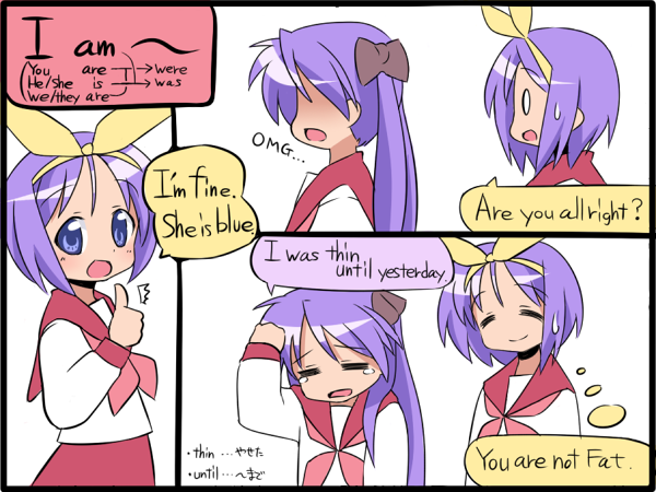 haiteku, hiiragi kagami, hiiragi tsukasa, lucky star, bad id, bad pixiv id, 00s, ^^^, blouse, blue eyes, blush, bow, closed eyes, comic, english text, headband, long hair, looking at viewer, open mouth, purple hair, ribbon, school uniform, serafuku, shirt, short hair, short twintails, siblings, simple background, sisters, smile, speech bubble, sweat, teaching, tears, thought bubble, thumbs up, twintails, white background, white shirt