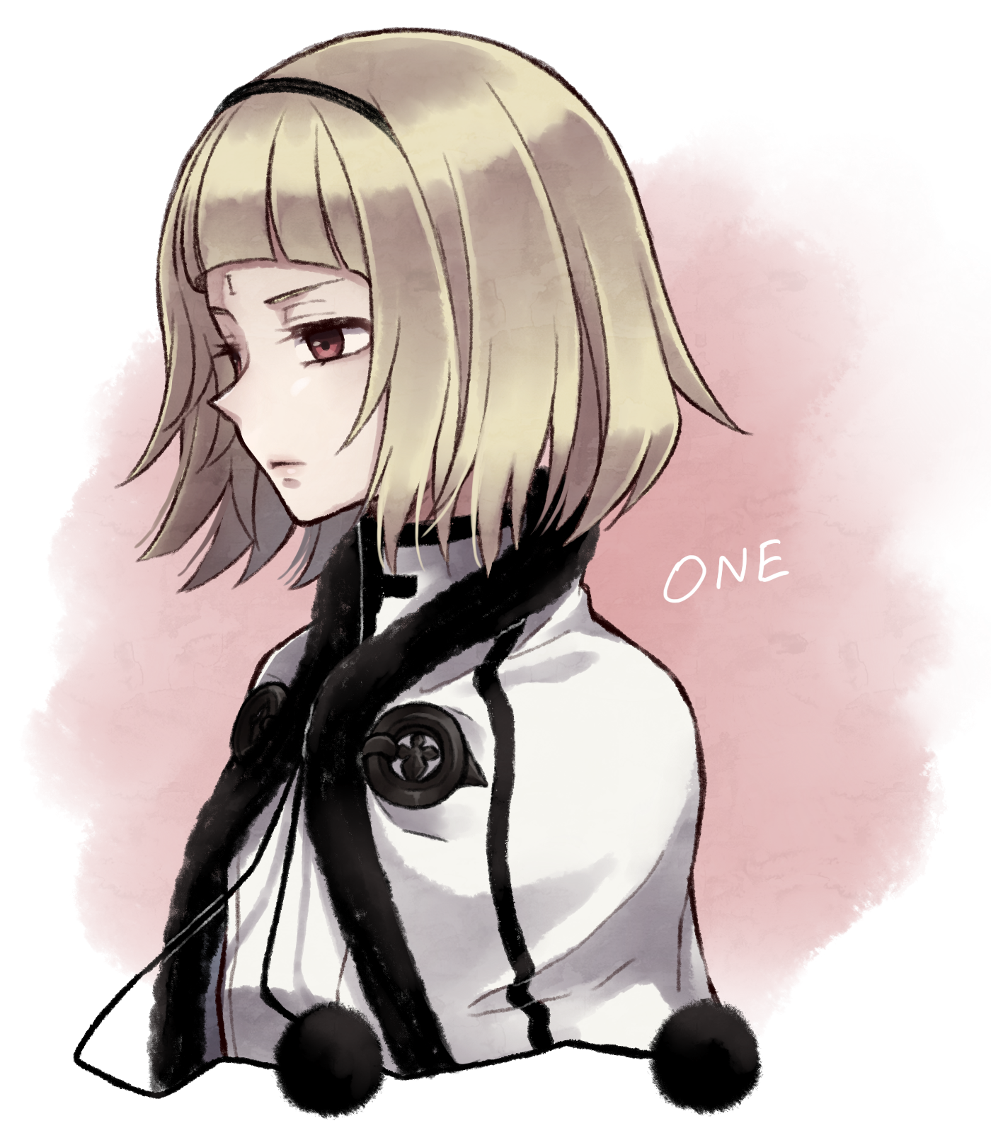 tamakingx422x, one (drag-on dragoon), drag-on dragoon, drag-on dragoon 3, commentary request, highres, 1girl, black hairband, blonde hair, blunt bangs, capelet, character name, closed mouth, cropped torso, from side, hairband, pom pom (clothes), red eyes, shirt, solo, turtleneck, turtleneck shirt, white capelet, white shirt